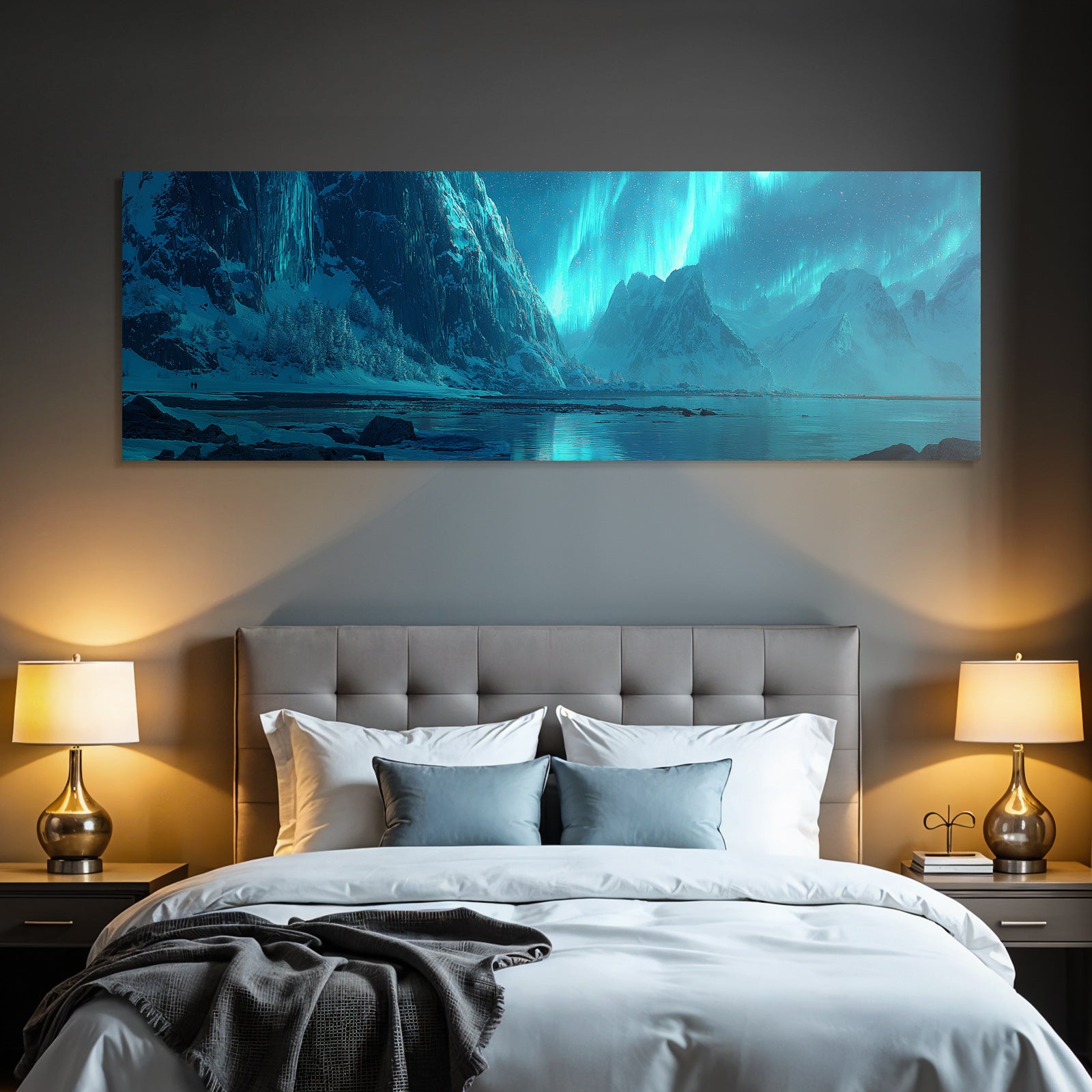 Polarlicht Schneebedeckte Berge Mit Aurora Borealis Und Reflektion Im Wasser | Fjorde und Gletscher | Landschaften