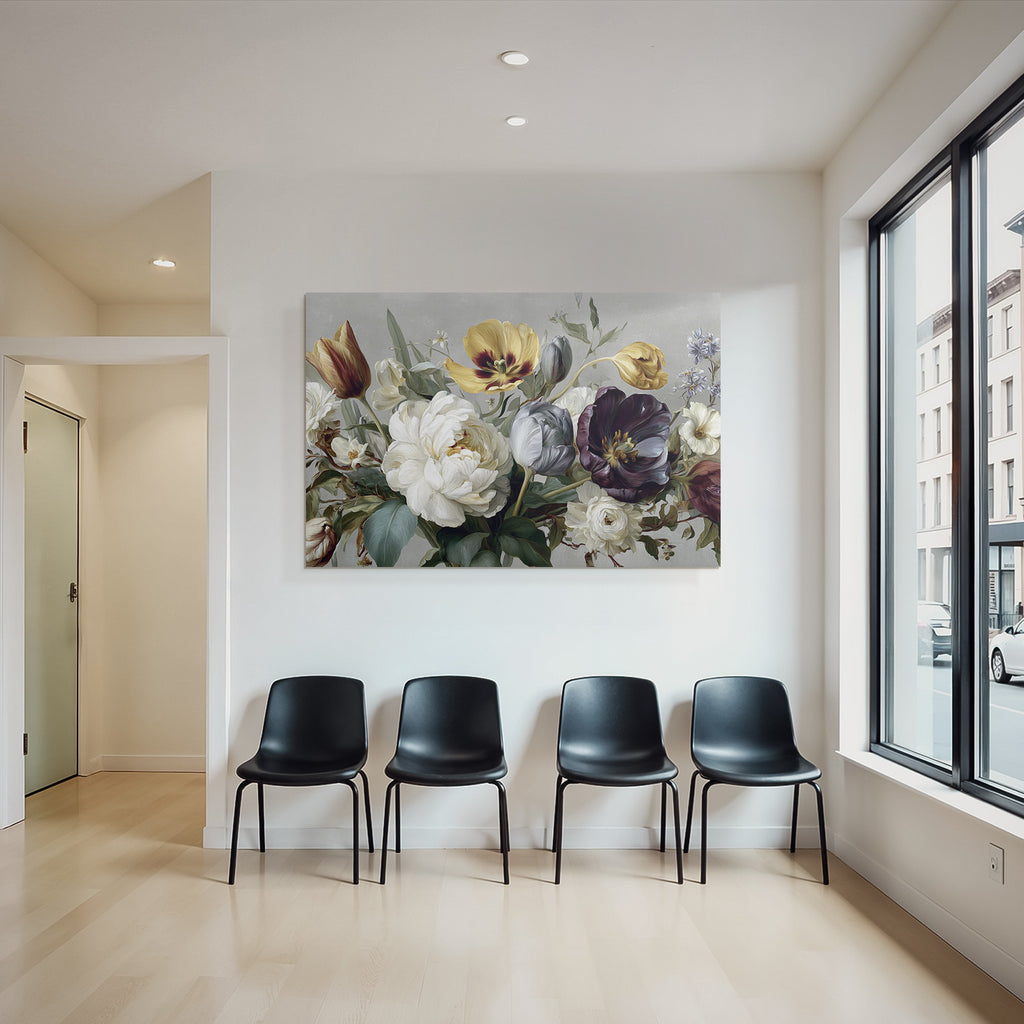 Schöne Komposition Mit Tulpen Und Pfingstrosen Vor Strukturiertem Hintergrund