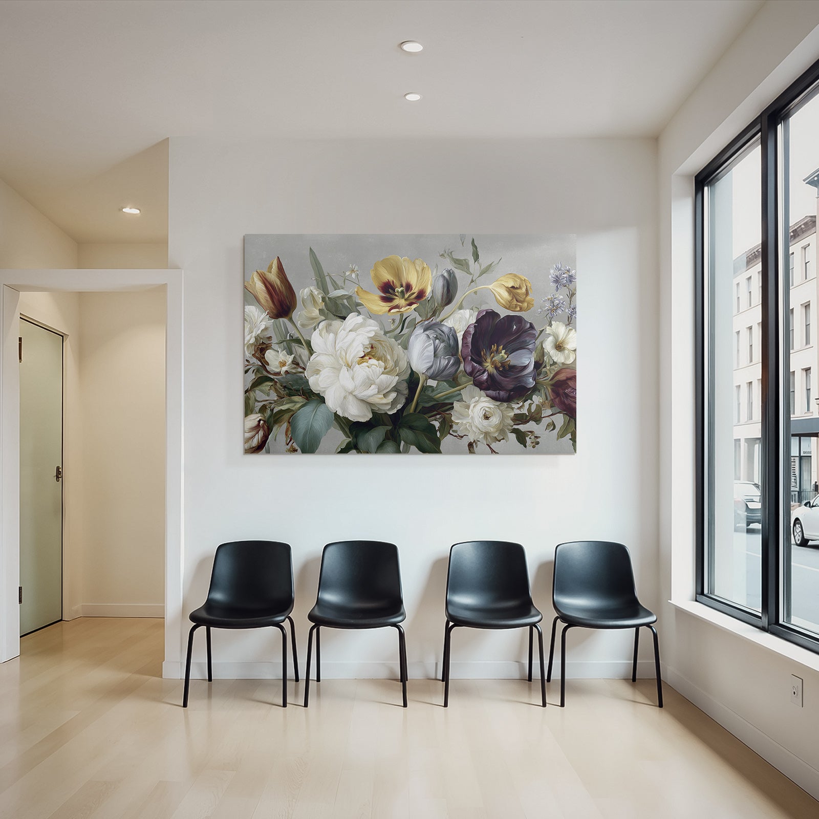 Schöne Komposition Mit Tulpen Und Pfingstrosen Vor Strukturiertem Hintergrund