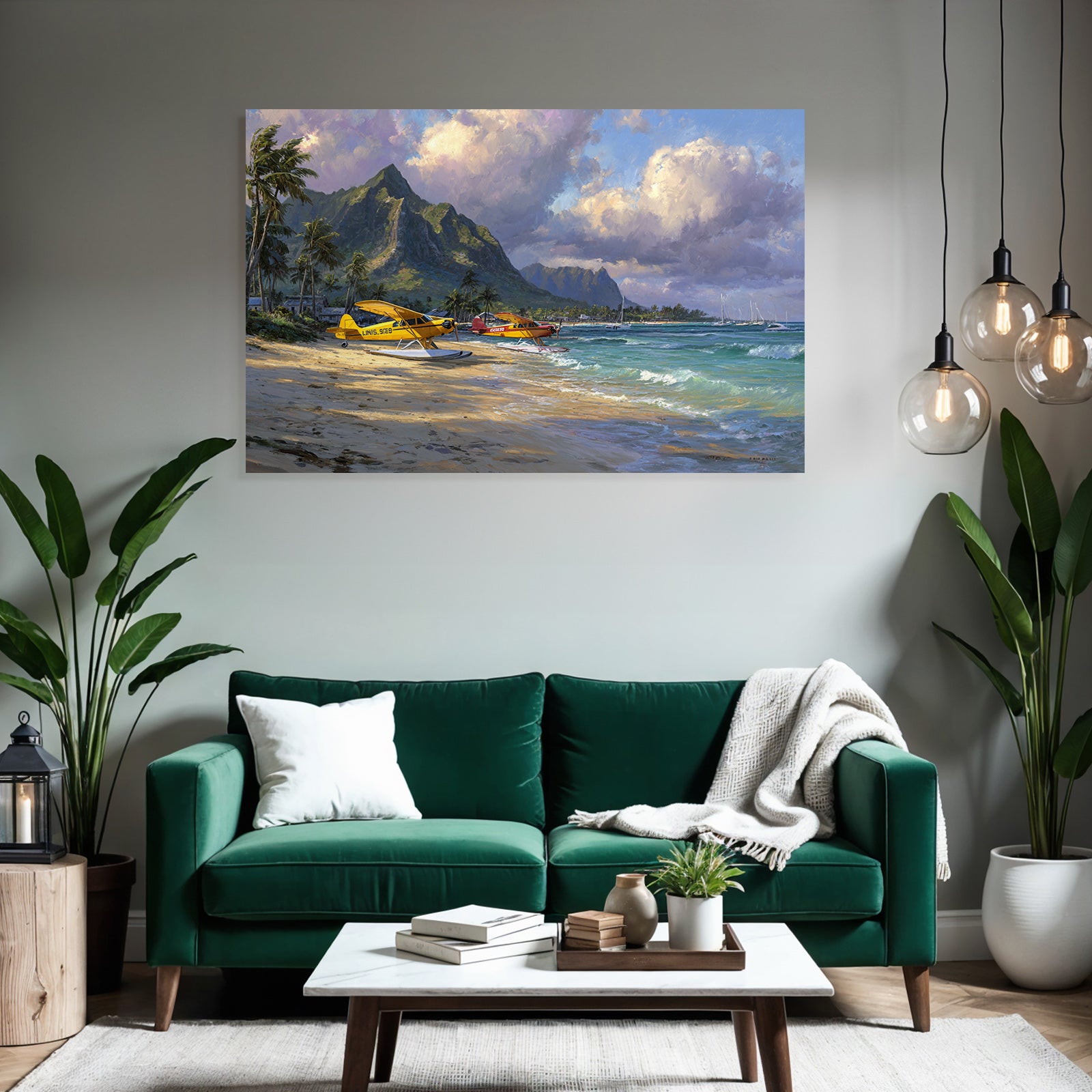 Tropische Idylle Mit Seaplanes Und Palmbaeumen Beachlandscape | Flugzeuge | Mobilitaet und Technik