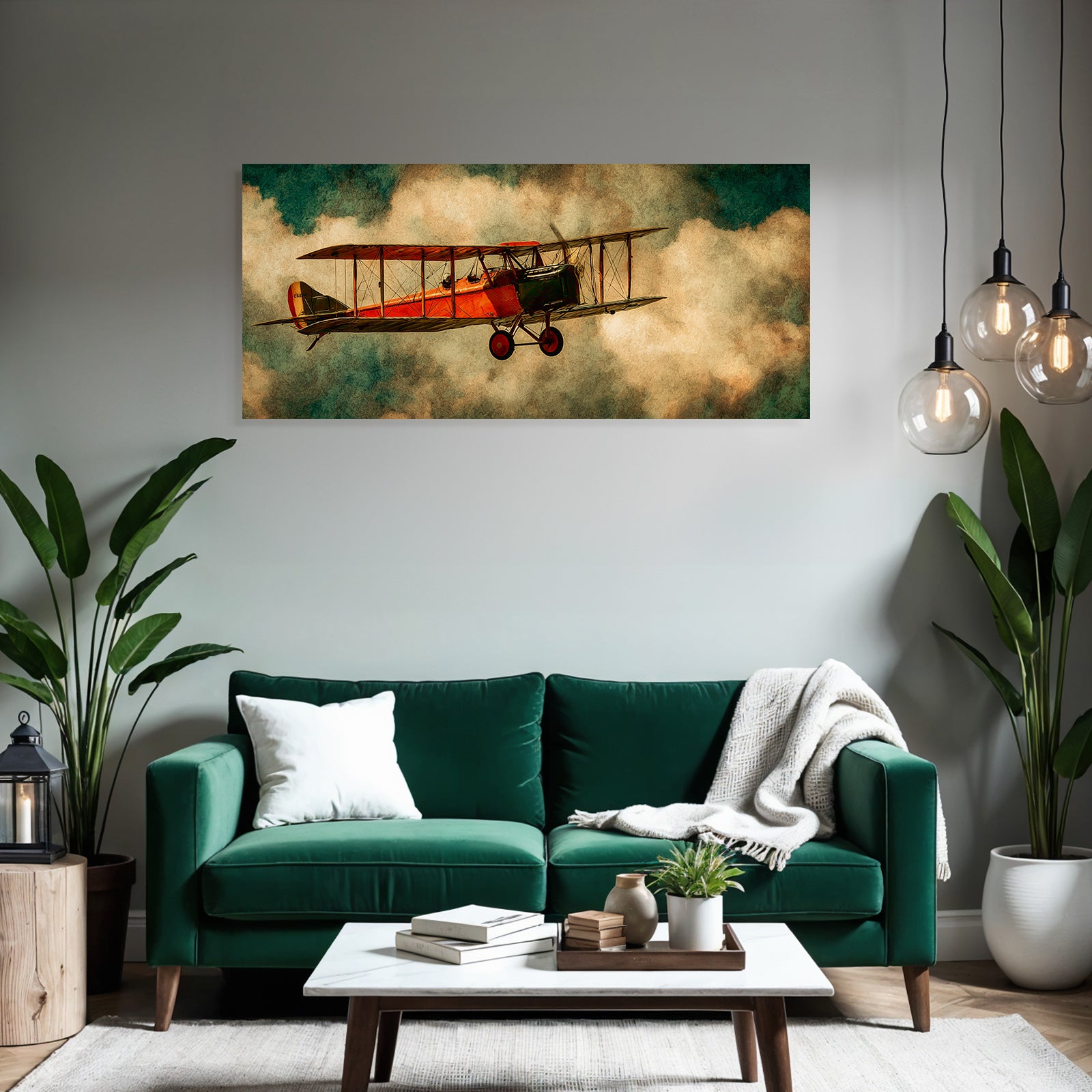 Vintage Biplane Roter Himmel Mit Nebel Kunstwerk | Flugzeuge | Mobilitaet und Technik