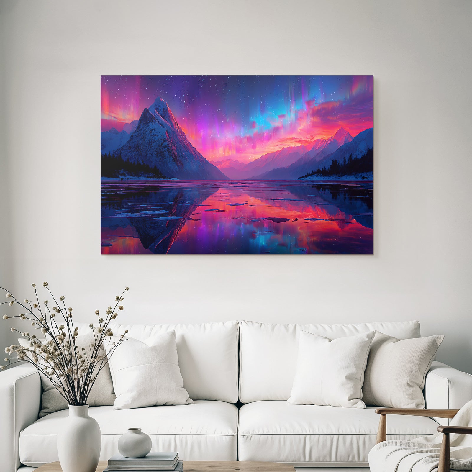 Polarlicht Schneebedeckte Berge Und Auroren Reflektiertes Wasser Twilight Szenen | Fjorde und Gletscher | Landschaften