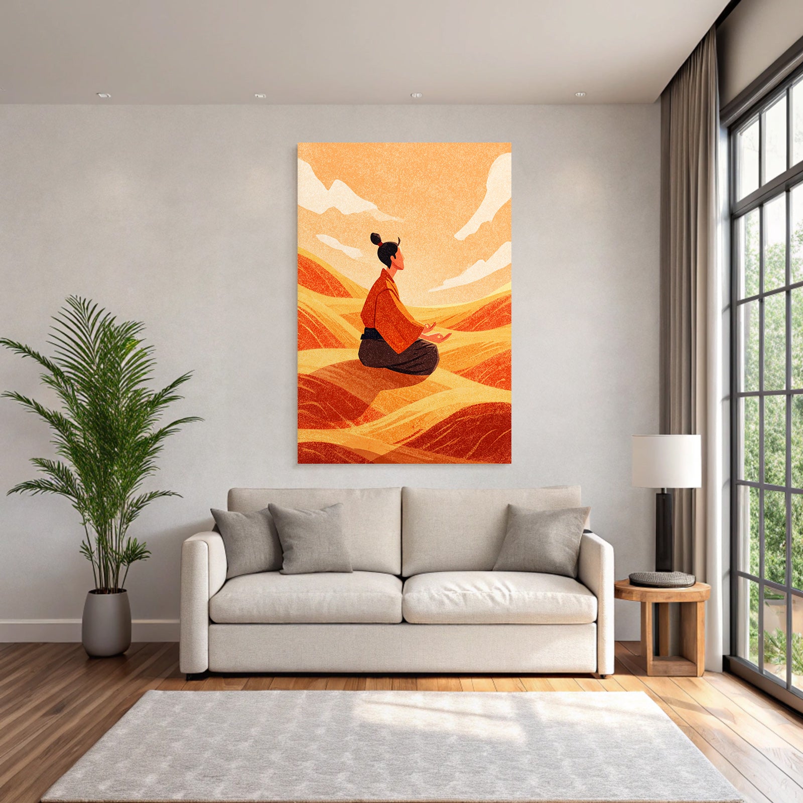 Yoga Meditation Meditierender Mensch In Stilvollem Landschaft Sanfte Hügel Orangener Himmel | Yoga und Meditation | Themen und Hobbys