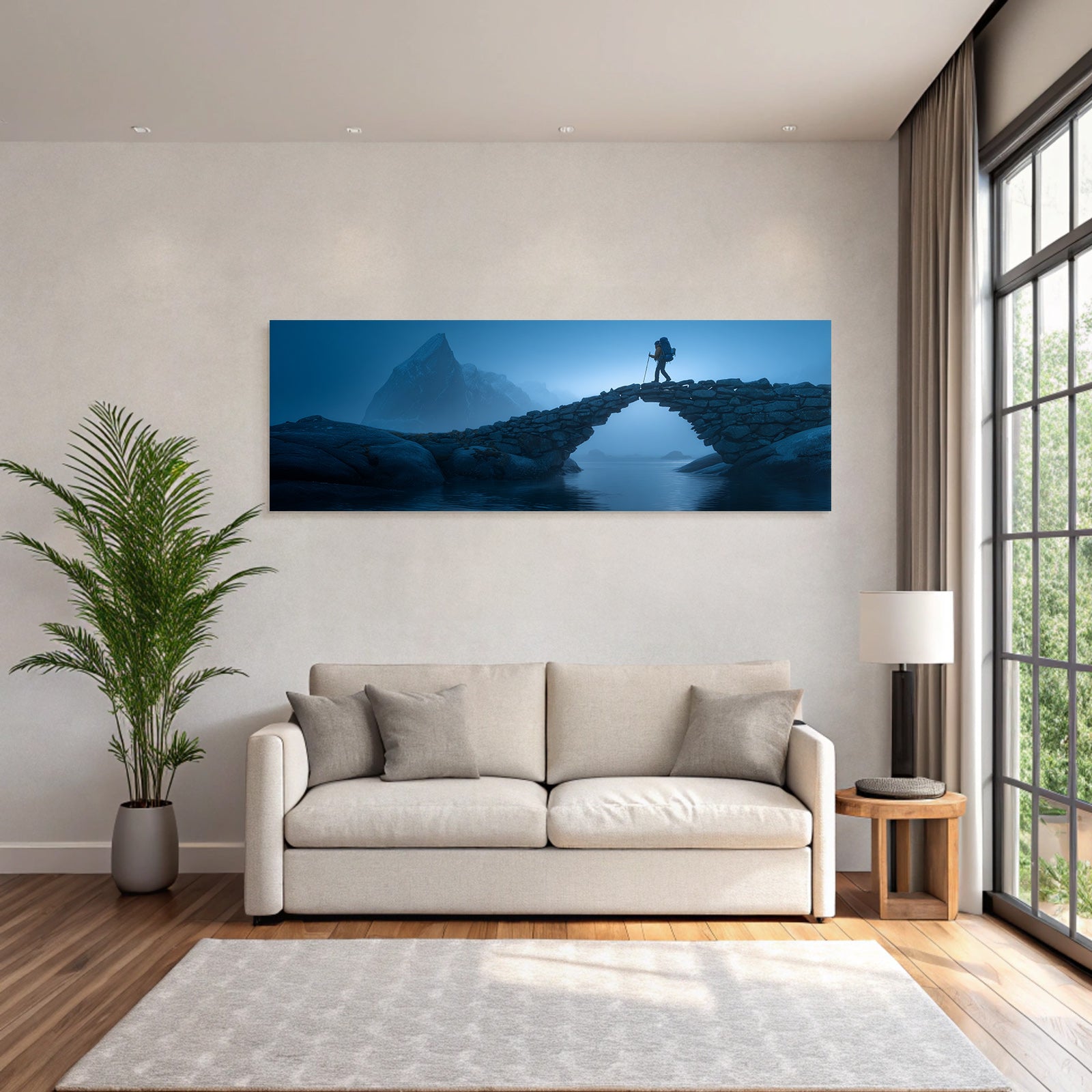 Polarlicht Mistige Landlandschaft Mit Steinbogenbrücke Und Wässer Hiker Im Nebel | Fjorde und Gletscher | Landschaften