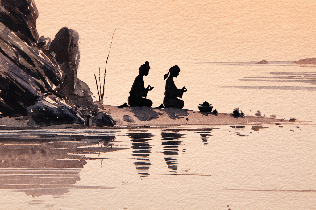 Yoga Meditation Wasserfarben Silhoütten Am Wasser Ruhige Szene | Yoga und Meditation | Themen und Hobbys