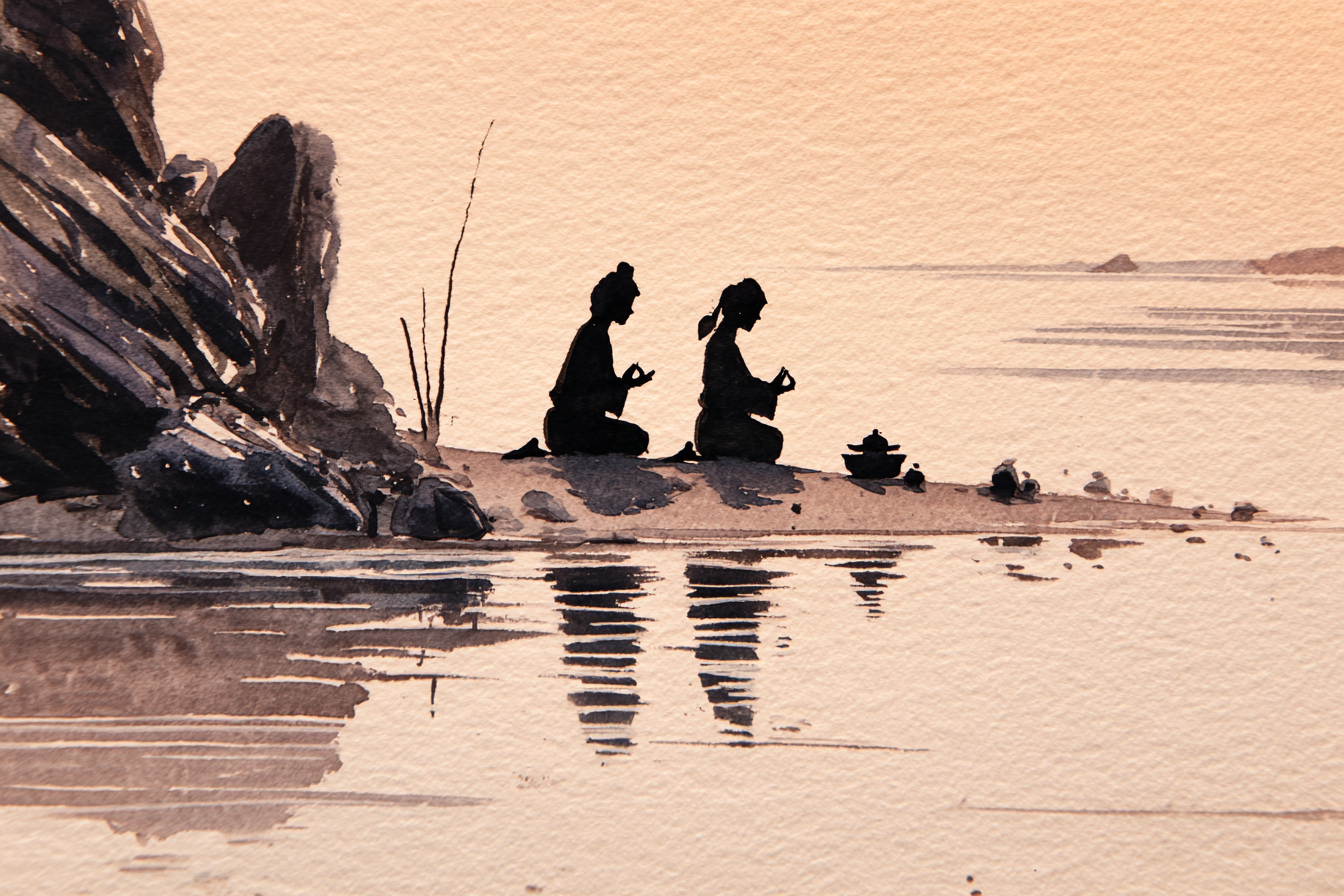 Yoga Meditation Wasserfarben Silhoütten Am Wasser Ruhige Szene | Yoga und Meditation | Themen und Hobbys