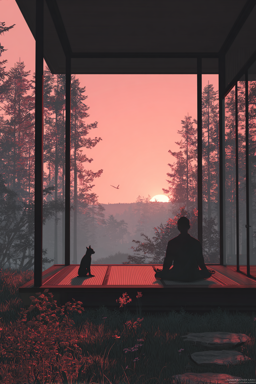 Yoga Meditation Meditierende Person Im Modernen Raum Mit Katze Und Sonnenuntergang | Yoga und Meditation | Themen und Hobbys