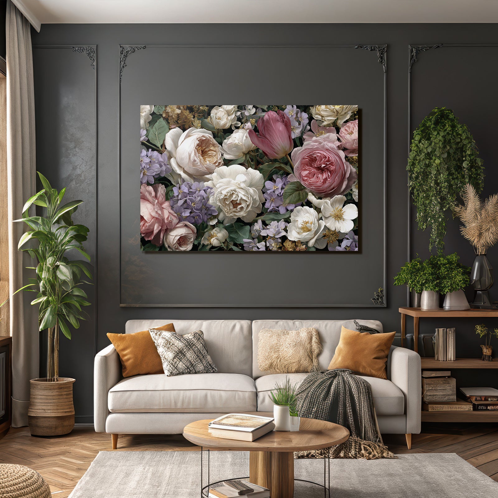 Strauss Aus Pfingstrosen Tulpen Und Veilchen Auf Dunklem Hintergrund