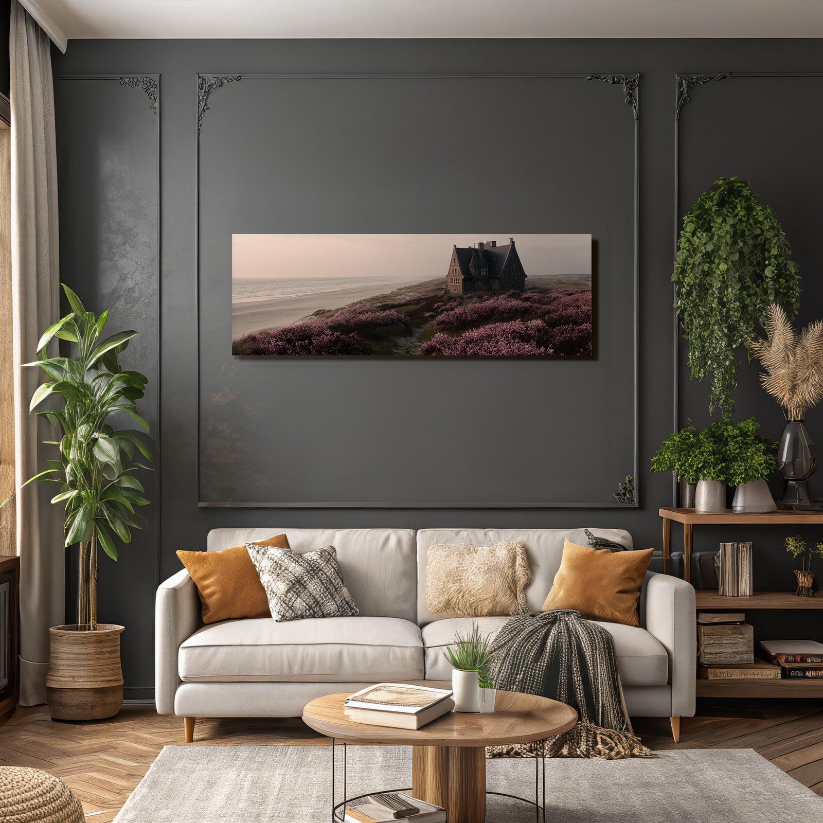Küstenszene Vintage Haus Strand Lila Blumen Sonnenaufgang Unscharf | Duenen und Heide | Landschaften