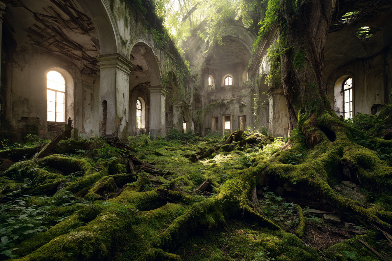 Verlassener Innenraum Von Natur Übernommen Mit Moos Und Wurzeln | Lost Places | Architektur