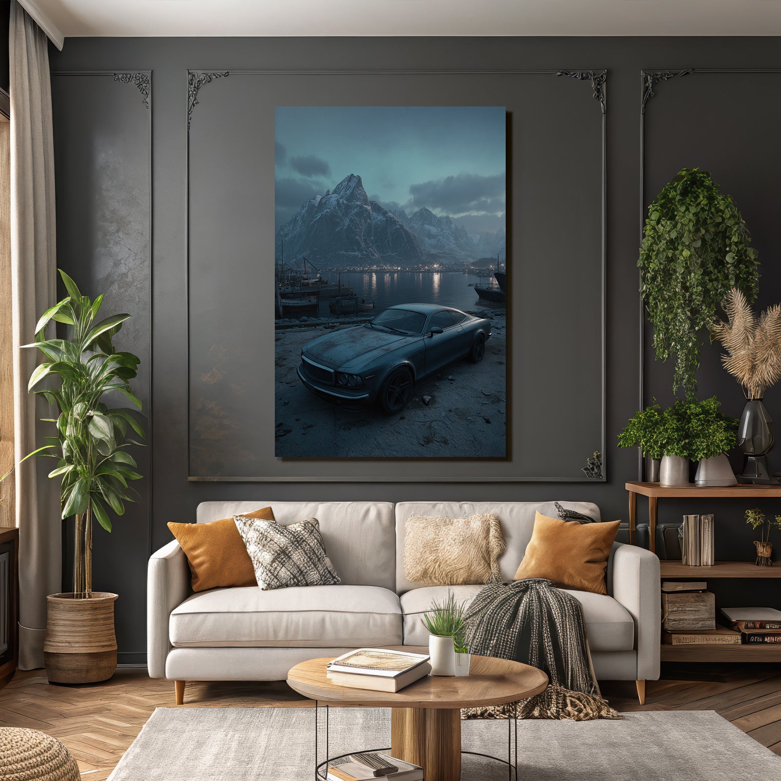 Polarlicht Vintage Auto Hafen Hintergrund Schneebedeckte Berge Sonnenuntergang | Fjorde und Gletscher | Landschaften