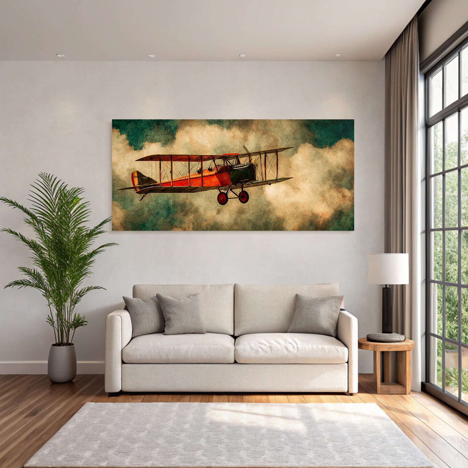 Vintage Biplane Roter Himmel Mit Nebel Kunstwerk | Flugzeuge | Mobilitaet und Technik
