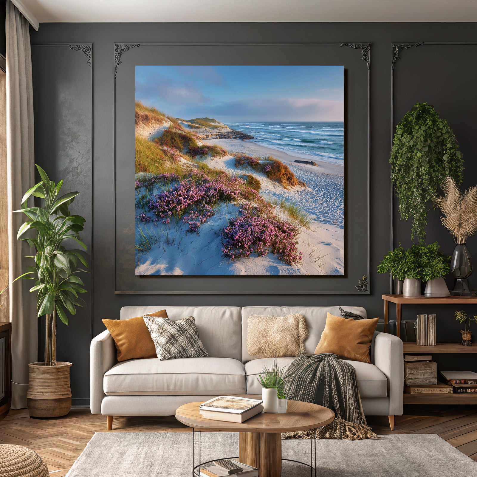 Ruhiger Strand Mit Blumen Und Meereswellen Dawn Dusk | Duenen und Heide | Landschaften