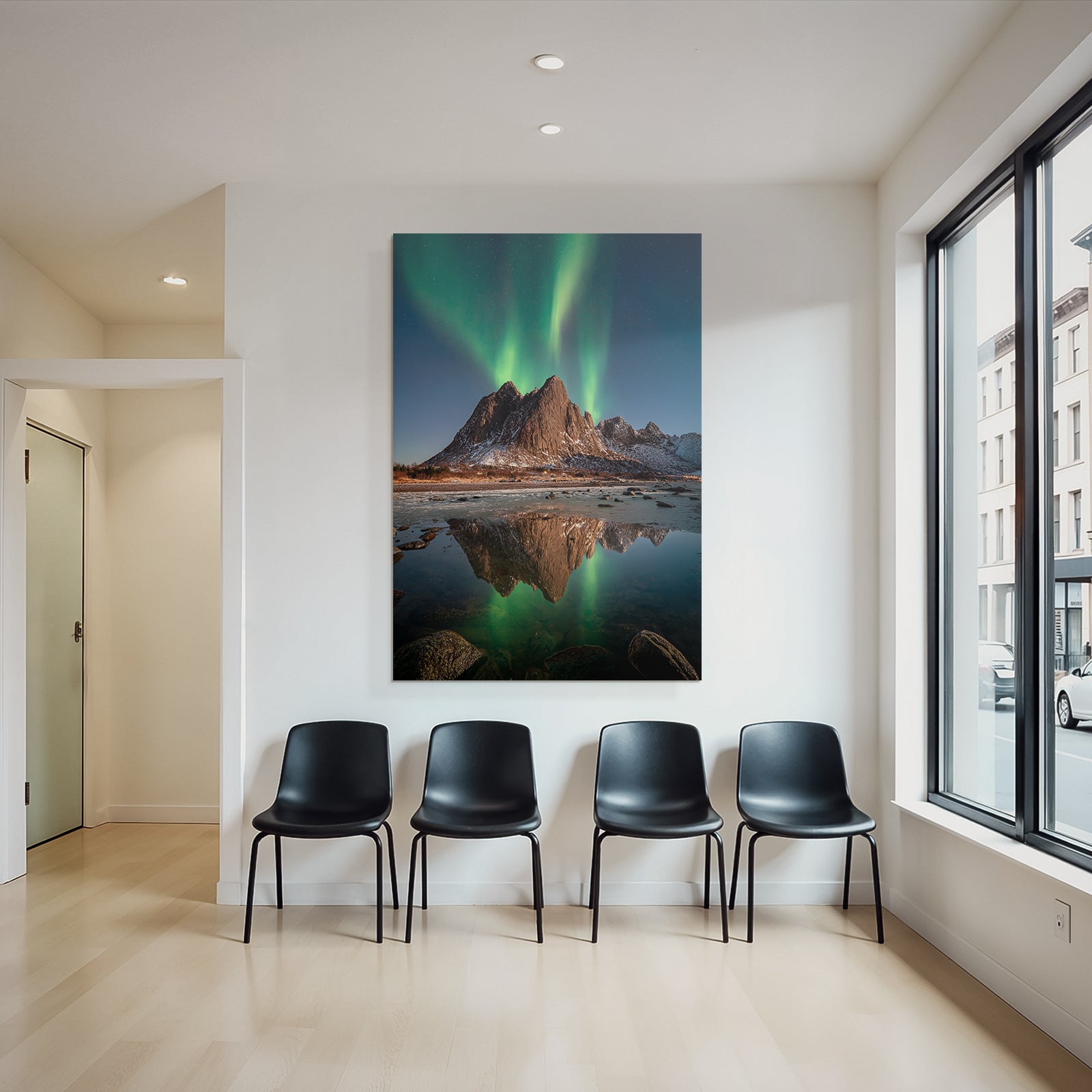 Polarlicht Naturlandschaft Mit Aurora Borealis Und Gebirgen | Fjorde und Gletscher | Landschaften