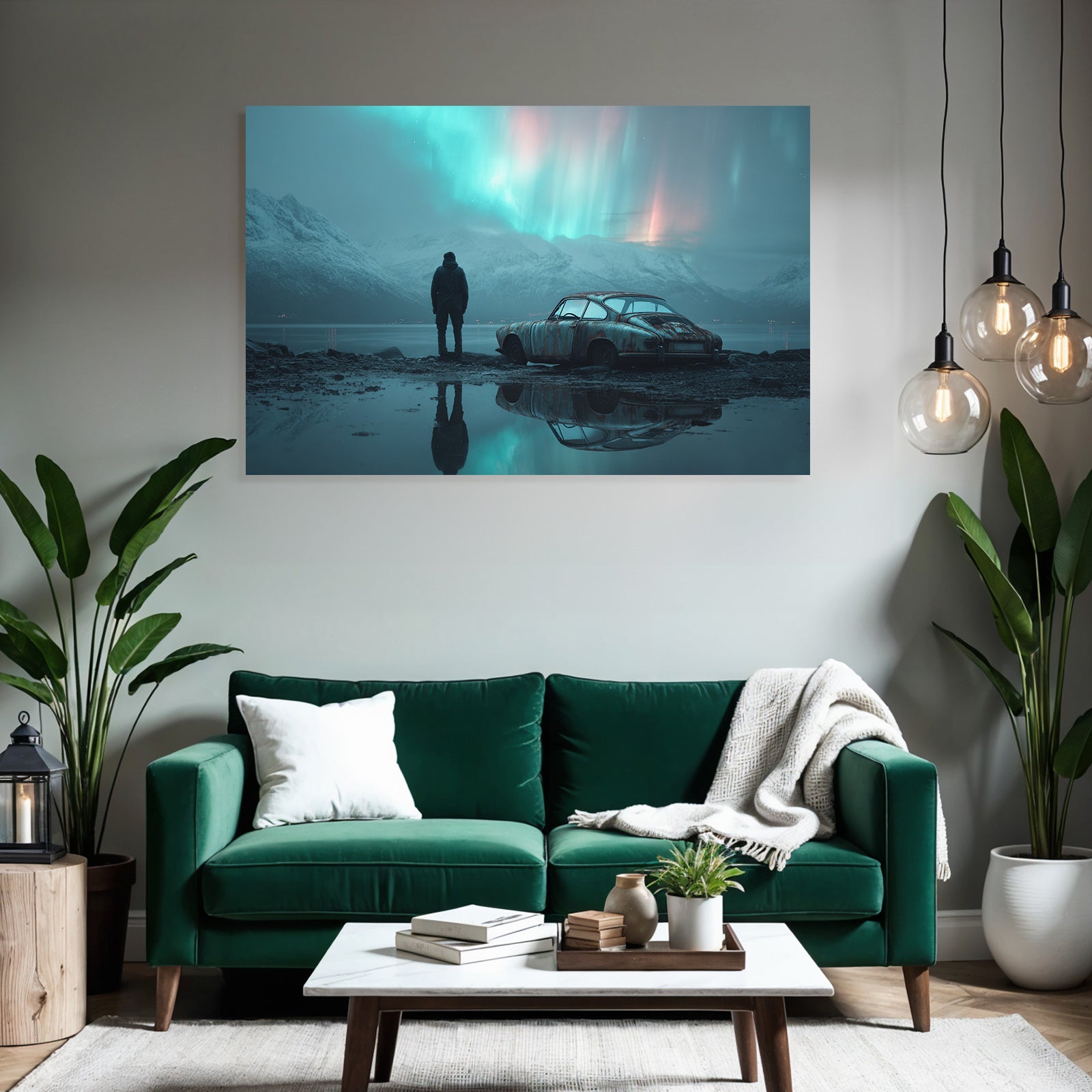 Polarlicht Ruhige Landschaft Aurora Borealis Auto Am Wasser | Fjorde und Gletscher | Landschaften