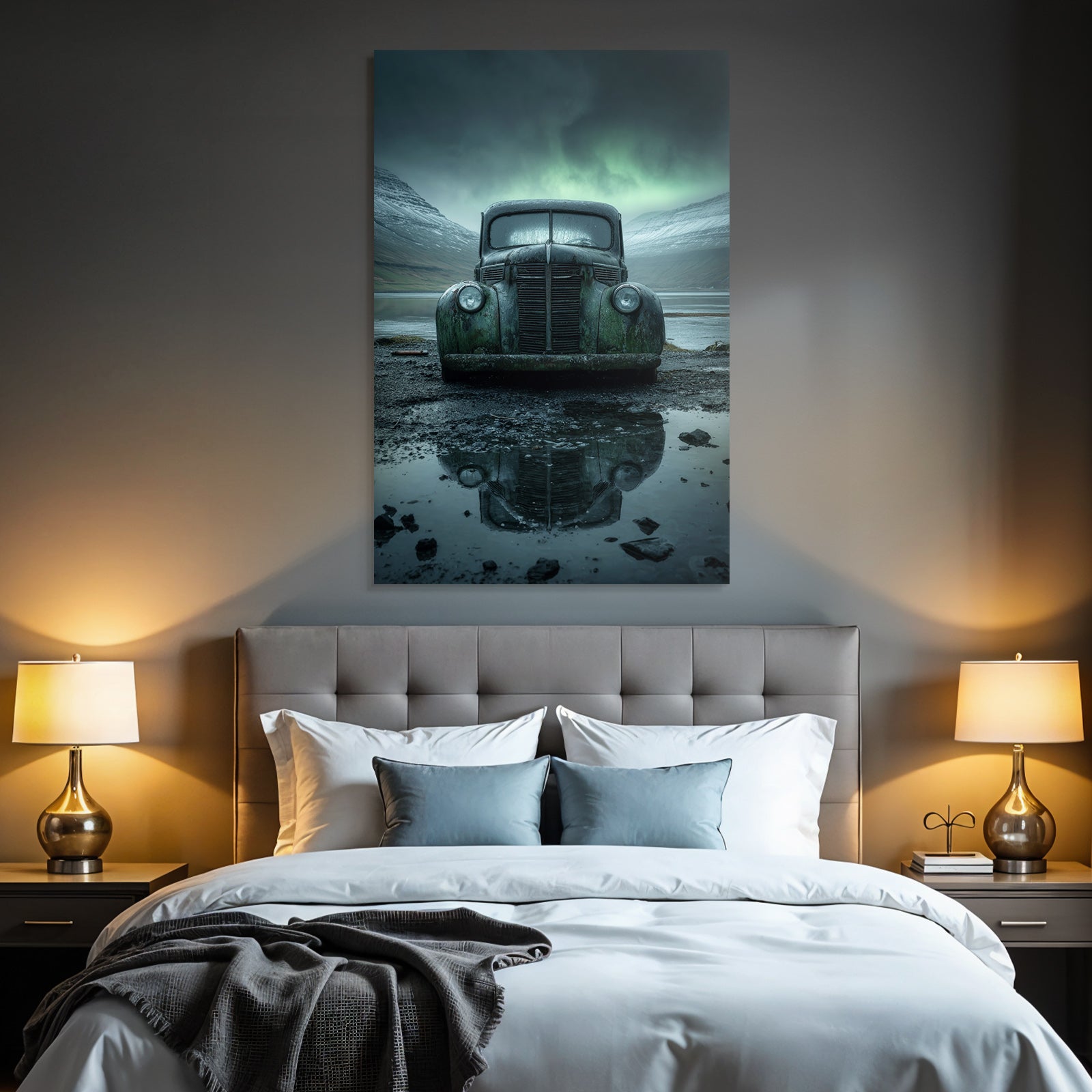 Polarlicht Alte Verlassene Autos In Verlassenem Landscape Mit Bergen Und Reflektierendem Pfütze | Fjorde und Gletscher | Landschaften