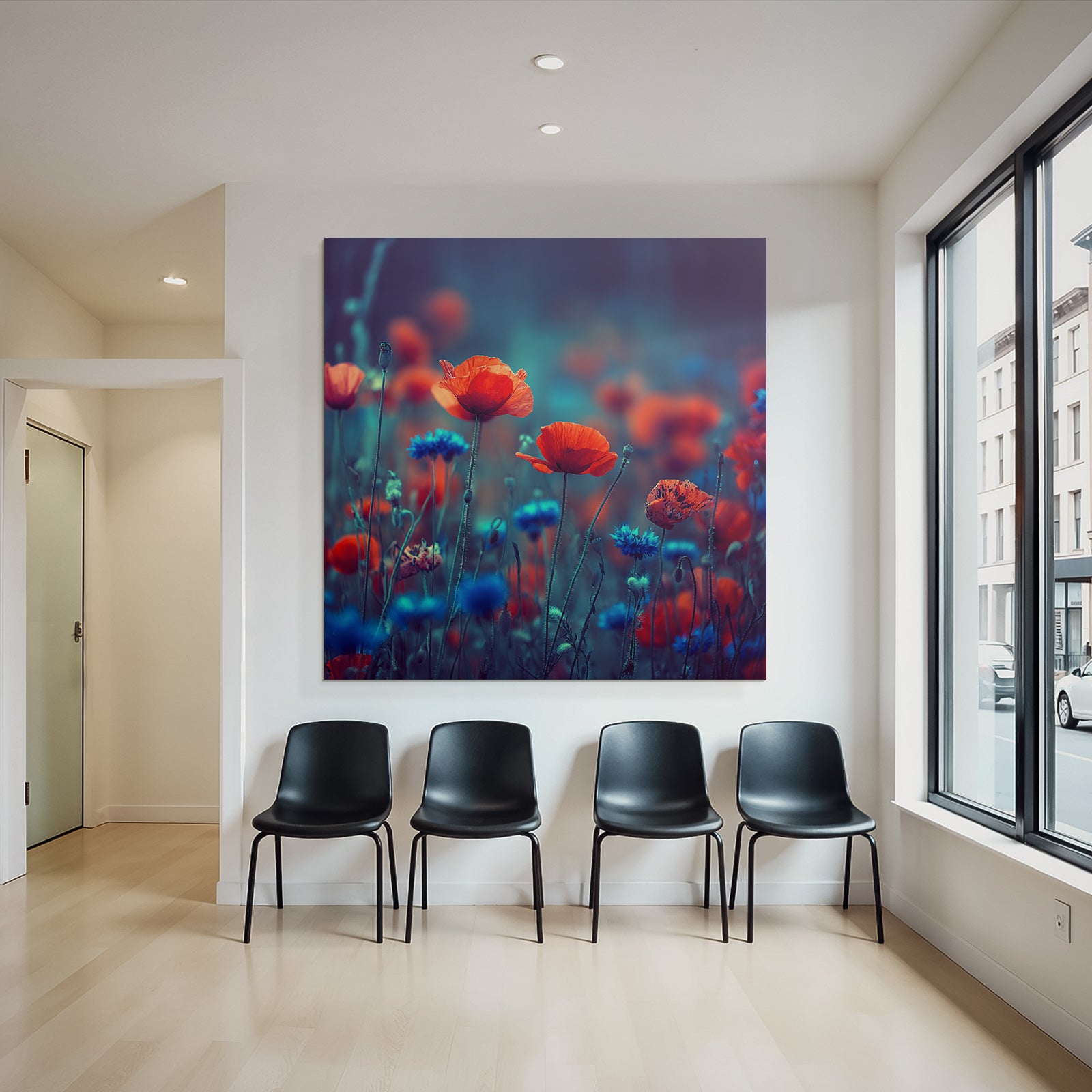Sommerwiese Mit Roten Mohn Und Blaün Korn
