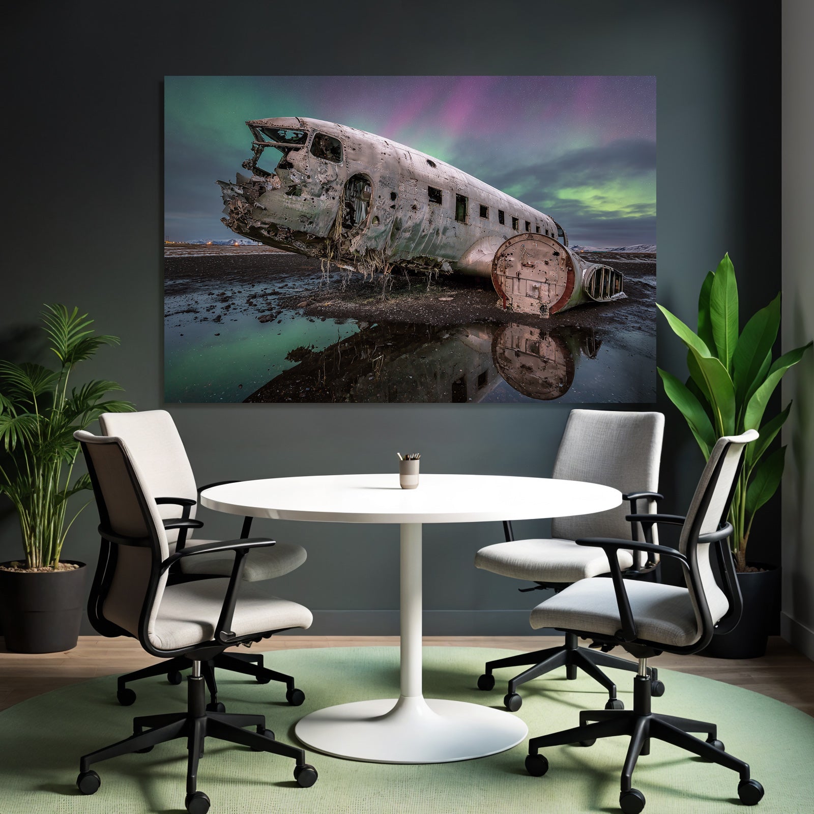 Polarlicht Abgestürztes Vintage Flugzeug Unter Aurora Borealis Gänsehautlandschaft | Fjorde und Gletscher | Landschaften