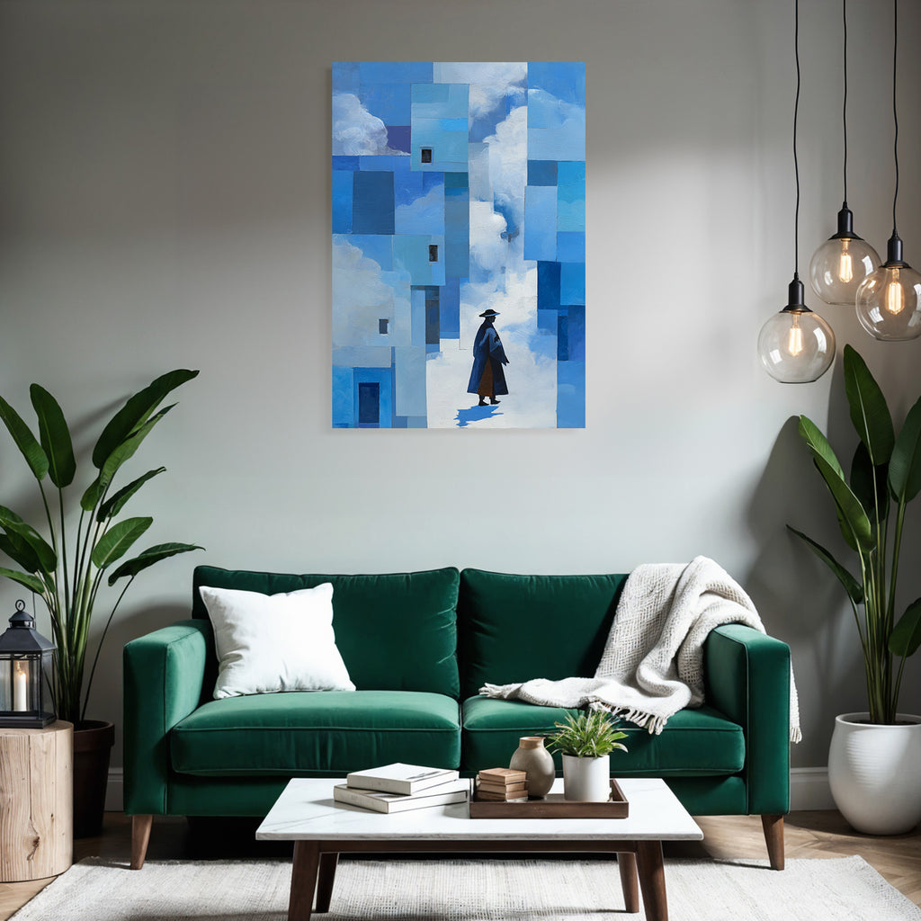 Yoga Meditation Gestalt In Dunklem Mantel Und Hut Auf Abstraktem Blaün Hintergrund | Yoga und Meditation | Themen und Hobbys