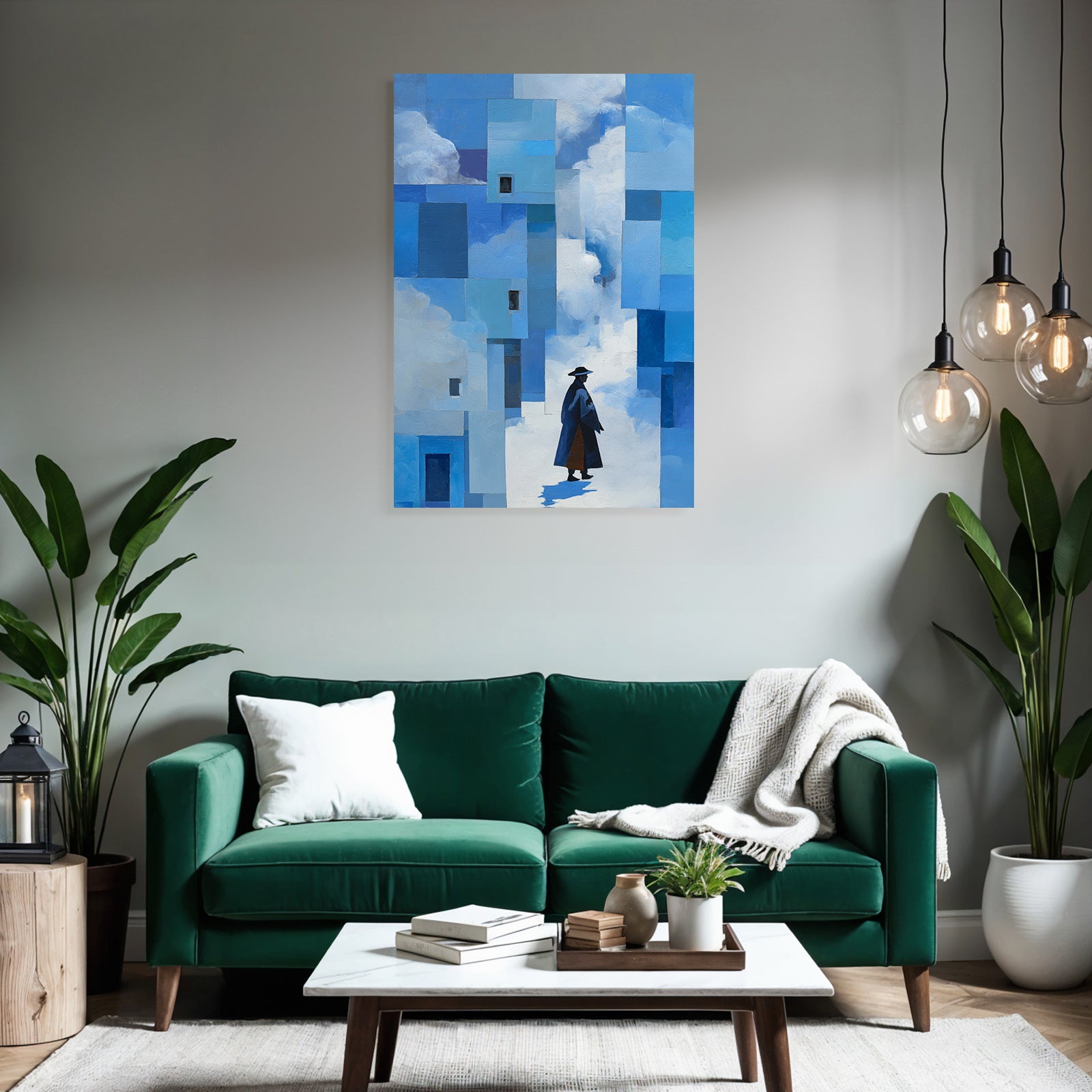 Yoga Meditation Gestalt In Dunklem Mantel Und Hut Auf Abstraktem Blaün Hintergrund | Yoga und Meditation | Themen und Hobbys