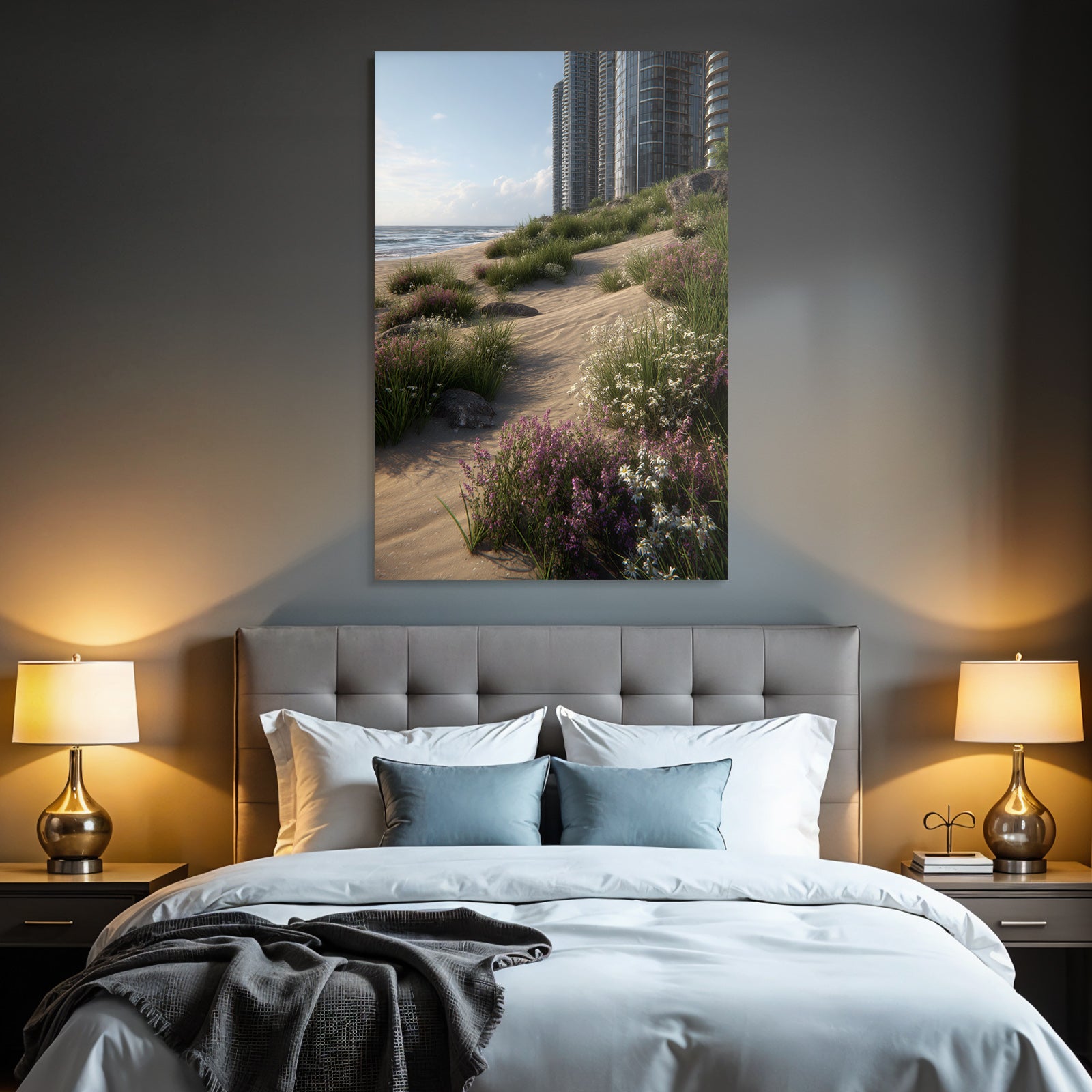 Strandszene Mit Modernen Gebaeuden Und Blumen | Duenen und Heide | Landschaften