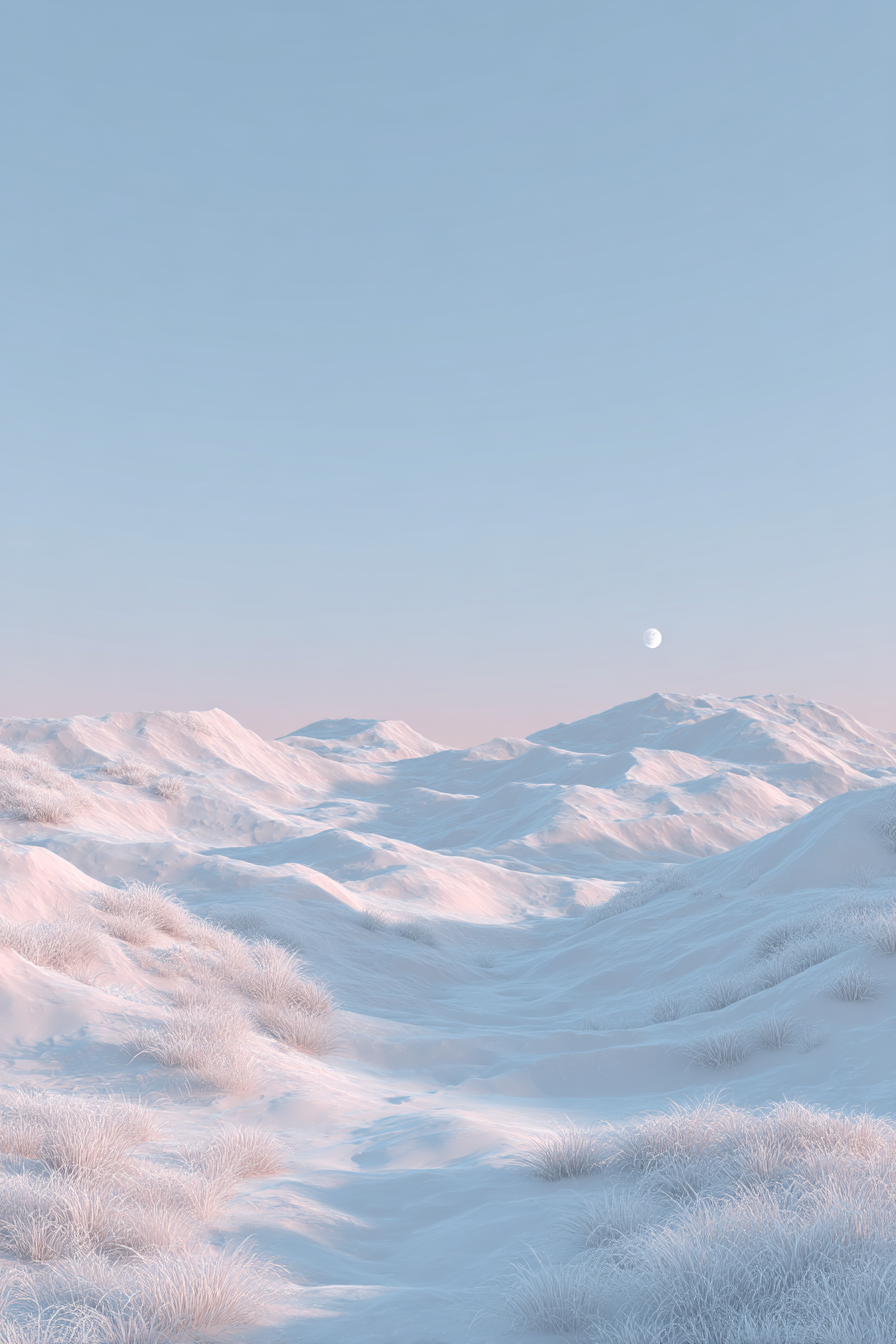 Ruhige Schneelandschaft Mit Hügeln Und Mond | Duenen und Heide | Landschaften