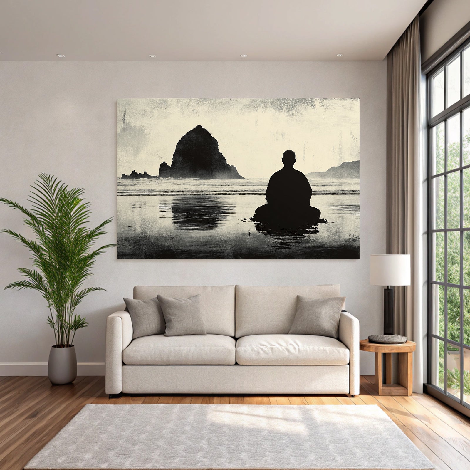 Yoga Meditation Meditierende Person Am Ozean Mit Felseninsel Hintergrund Ruhige Stimmung | Yoga und Meditation | Themen und Hobbys