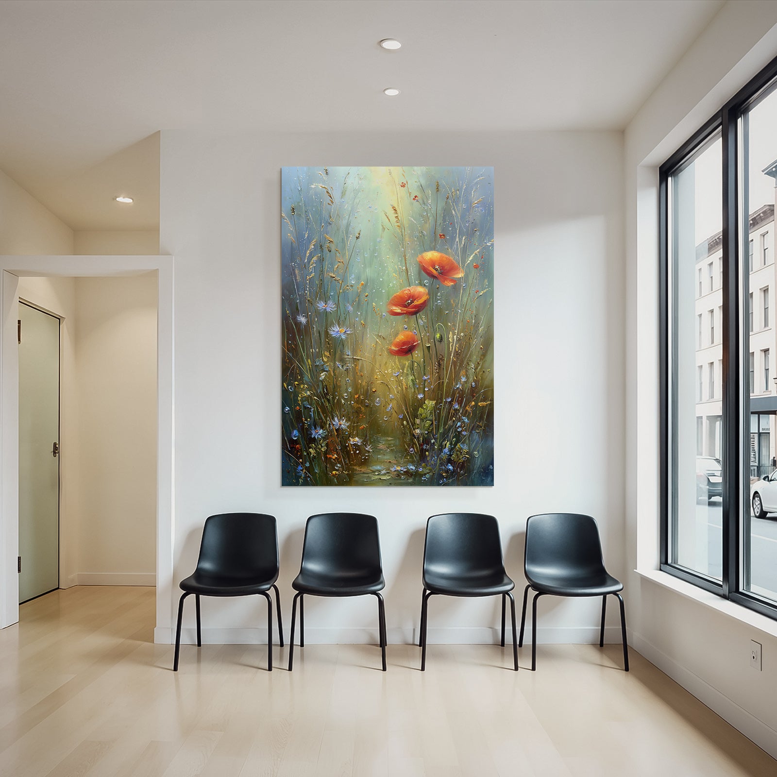 Impressionistische Wiese Mit Mohn Gräser Blaün Wildblüten Und Wassertropfen