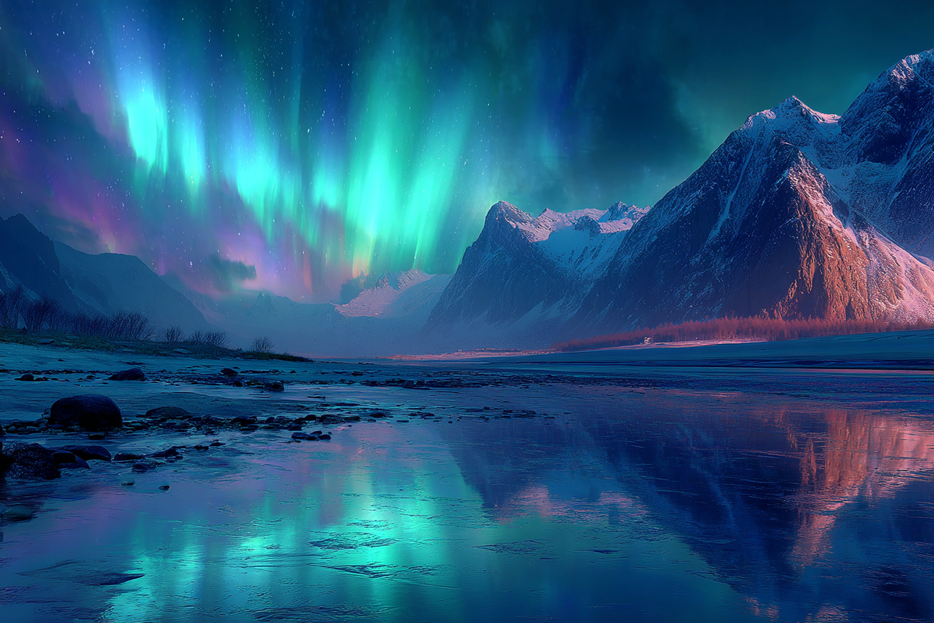 Polarlicht Nordlichter Und Gebirgen Im Nachtlandschaft | Fjorde und Gletscher | Landschaften