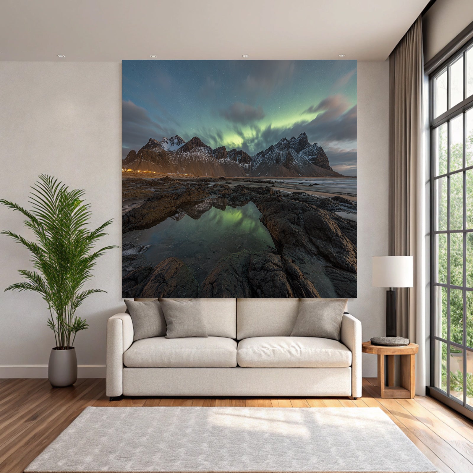 Polarlicht Schneebedeckte Berge Felsenstrand Und Nordlichter | Fjorde und Gletscher | Landschaften