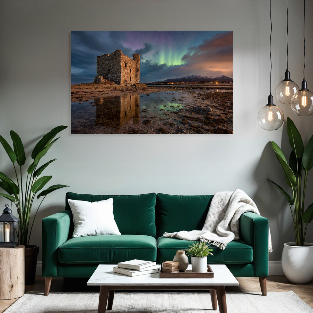 Polarlicht Steinruine Und Abendhimmel Mit Nordlichtern In Berglandschaft | Fjorde und Gletscher | Landschaften