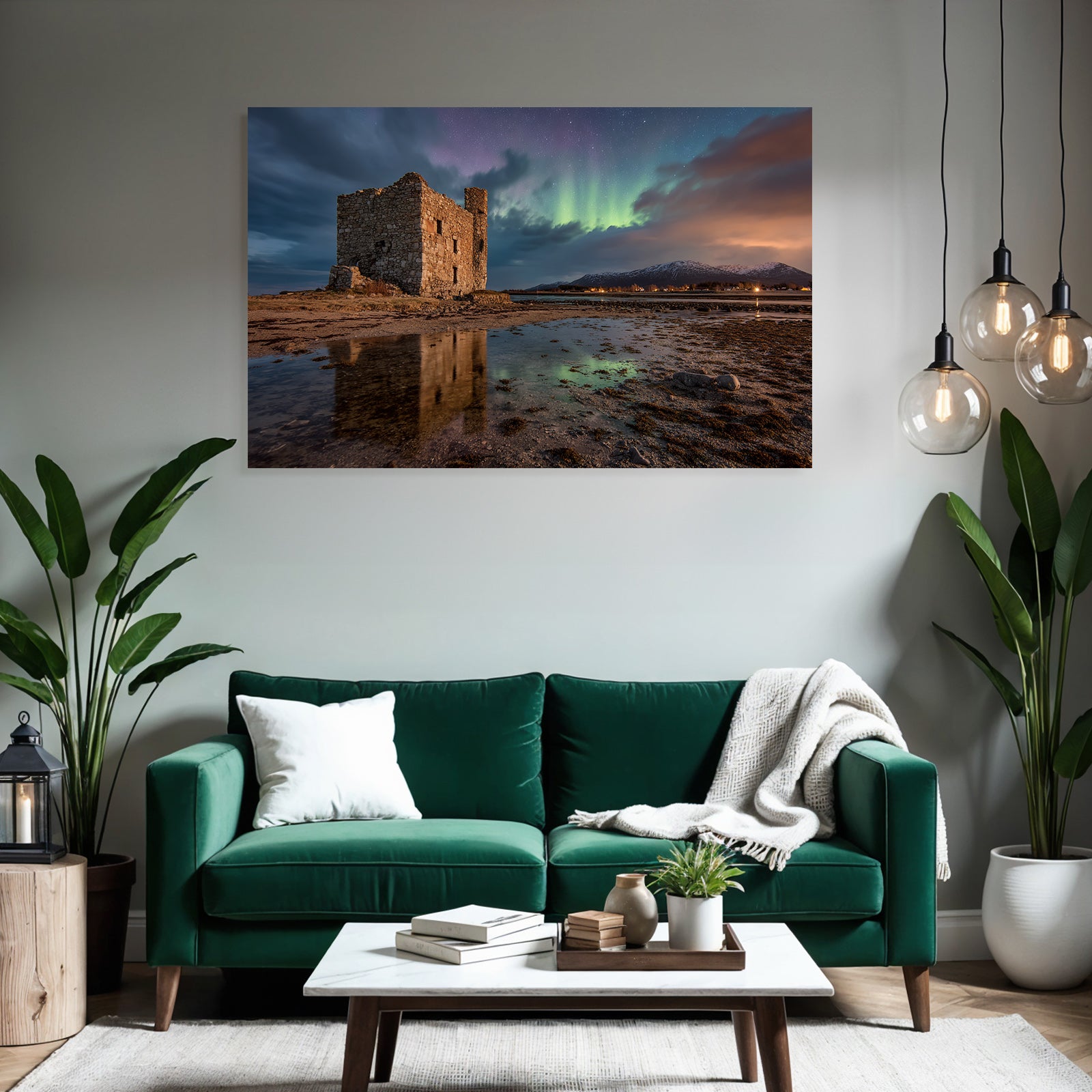 Polarlicht Steinruine Und Abendhimmel Mit Nordlichtern In Berglandschaft | Fjorde und Gletscher | Landschaften