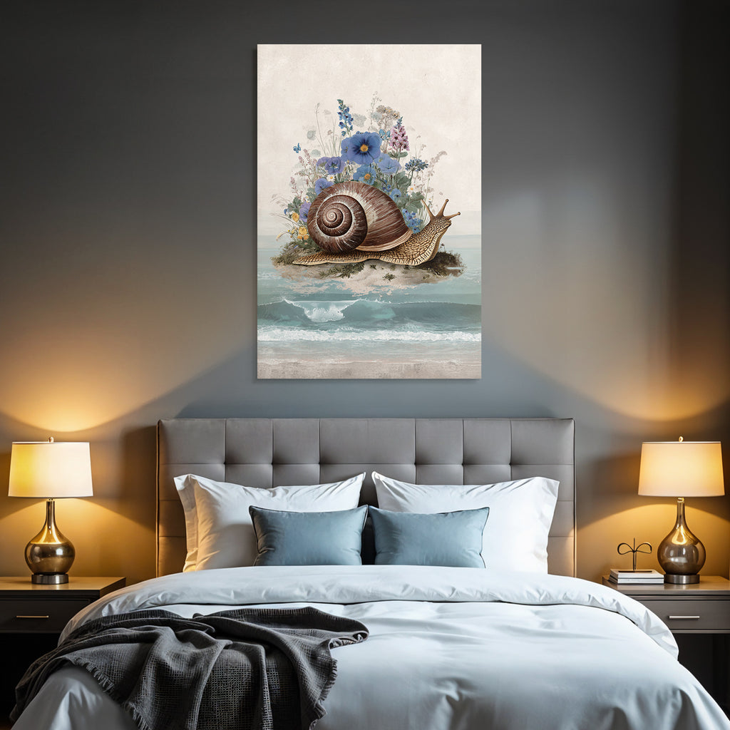 Grosse Schnecke Am Strand Umgeben Von Bunten Und Wellen Im Hintergrund