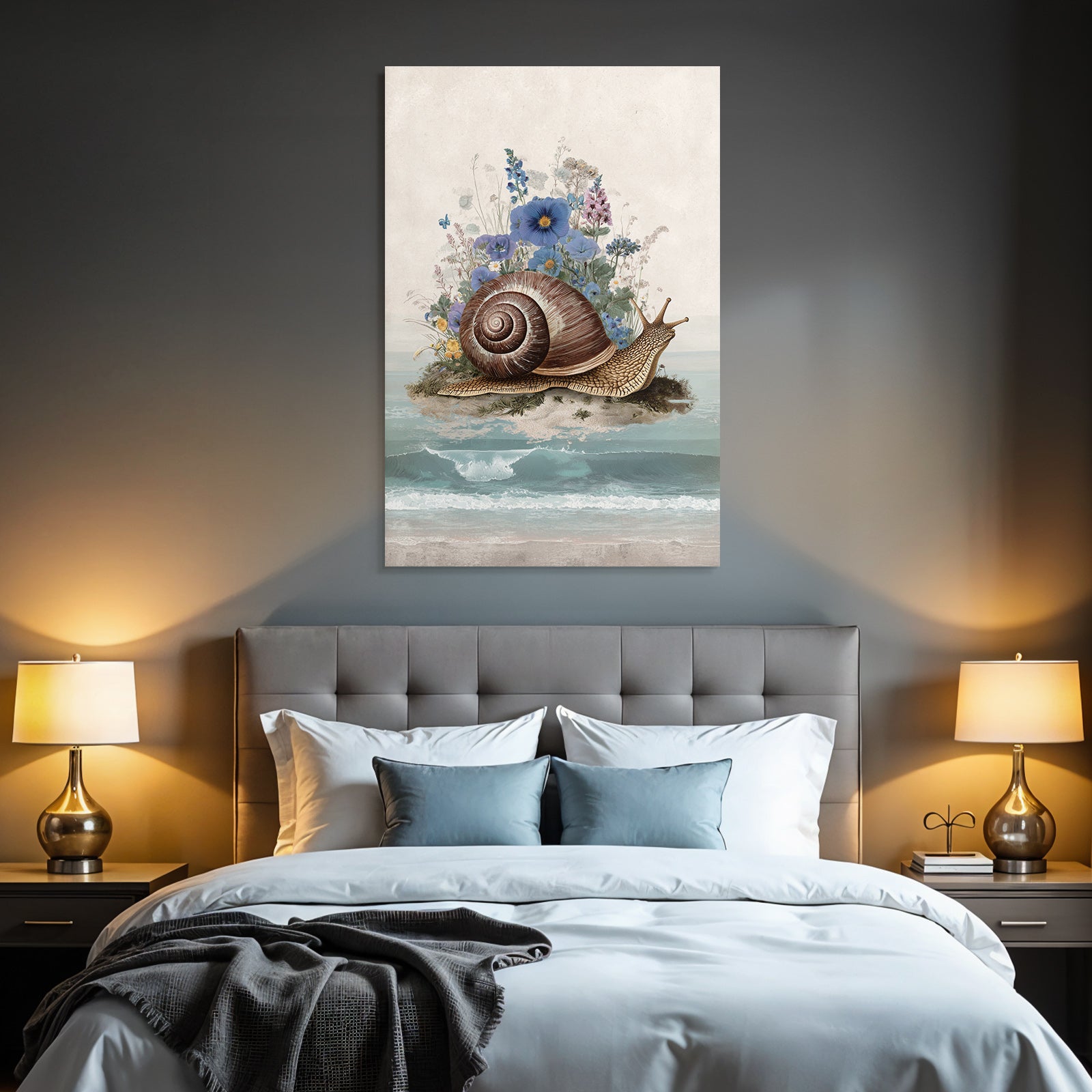 Grosse Schnecke Am Strand Umgeben Von Bunten Und Wellen Im Hintergrund