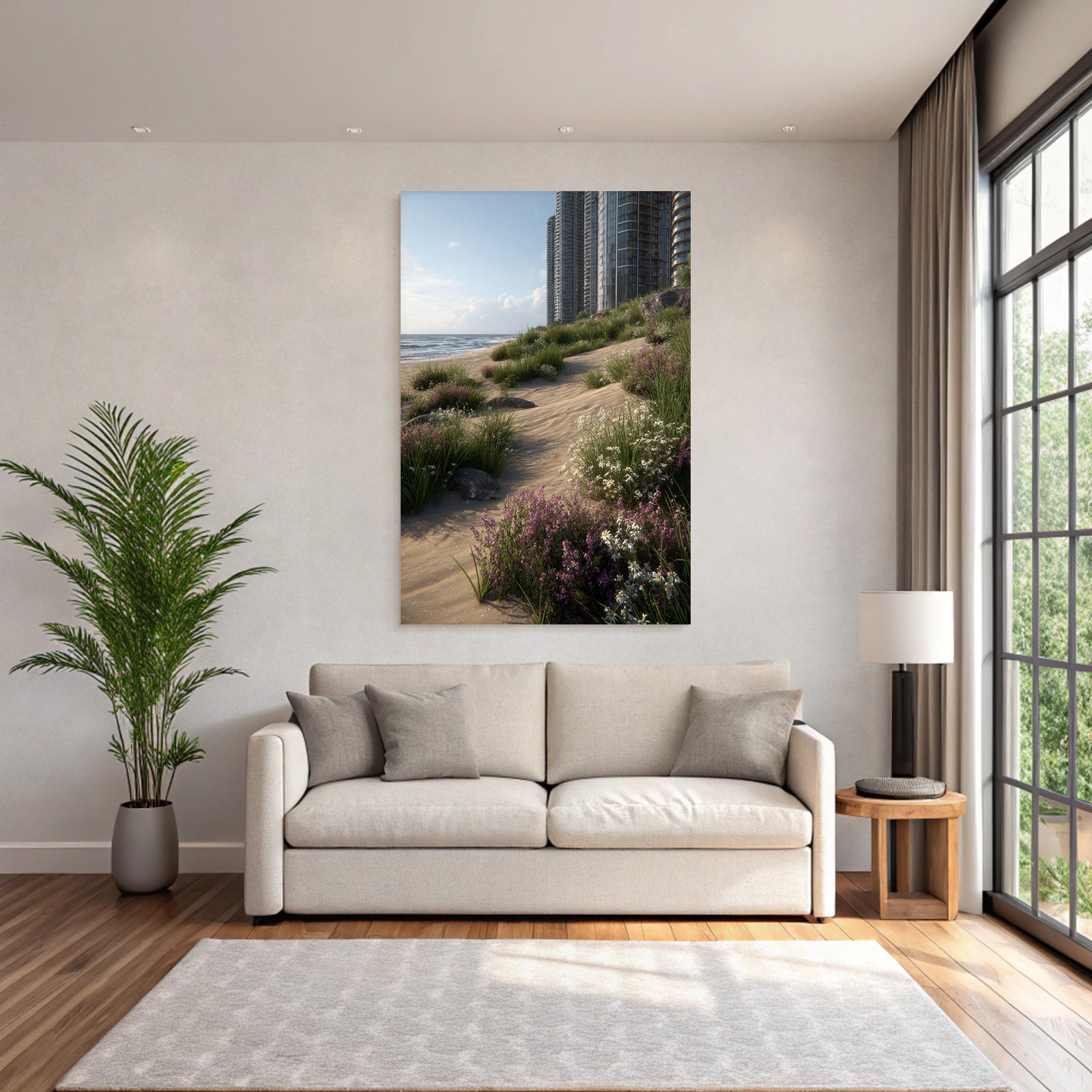Strandszene Mit Modernen Gebaeuden Und Blumen | Duenen und Heide | Landschaften