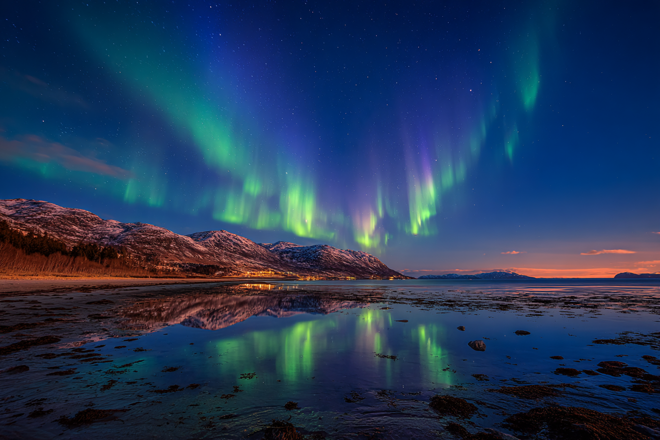 Polarlicht Nordlichter Aurora Borealis Nacht Himmel Reflexion Wasser Schneebedeckte Berge | Fjorde und Gletscher | Landschaften