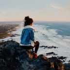 Yoga Meditation Person Mit Blaür Jacke Am Ozean Beim Sonnenuntergang Impressionistisch | Yoga und Meditation | Themen und Hobbys