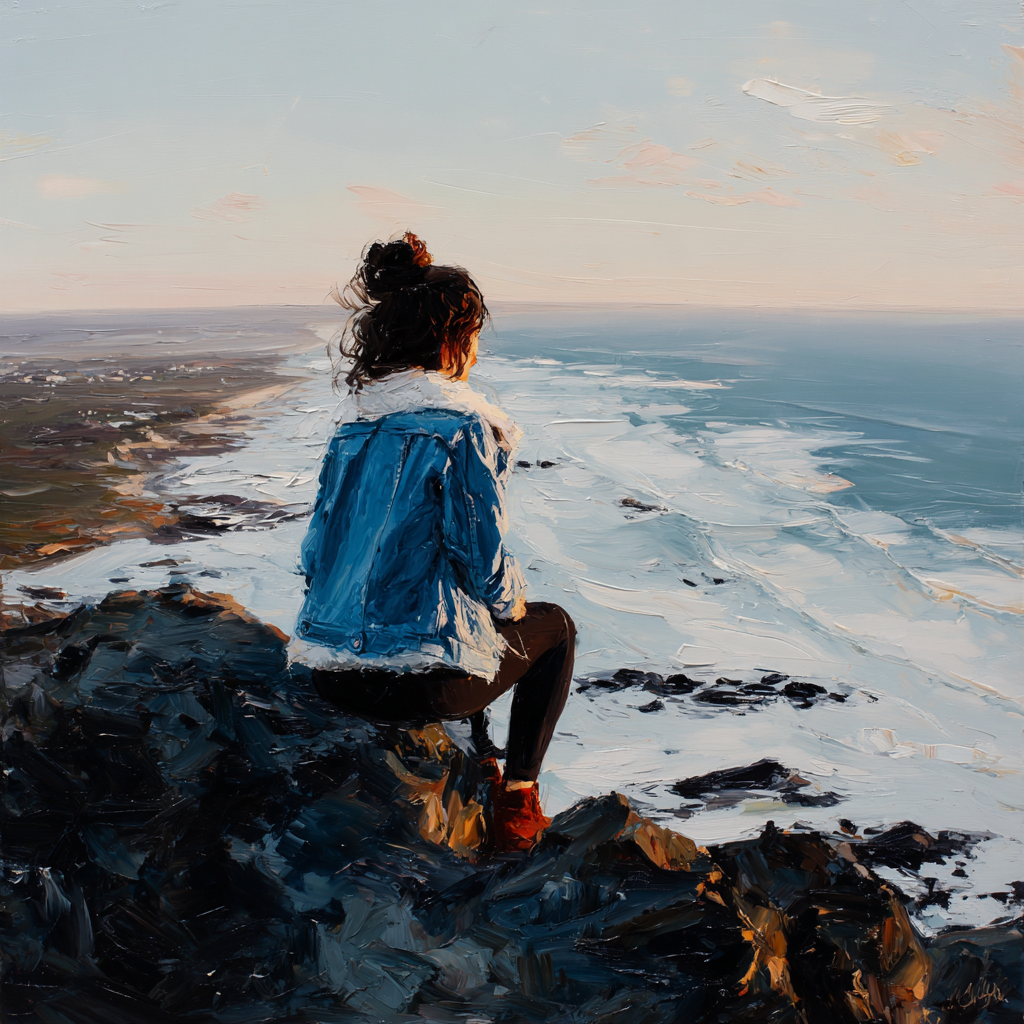 Yoga Meditation Person Mit Blaür Jacke Am Ozean Beim Sonnenuntergang Impressionistisch | Yoga und Meditation | Themen und Hobbys