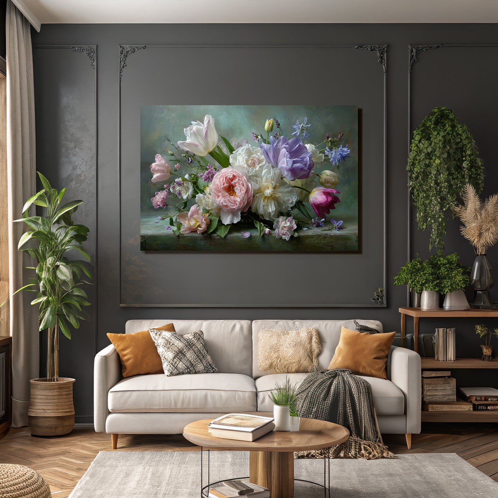 Lebhafter Strauss Mit Pfingstrosen Und Tulpen