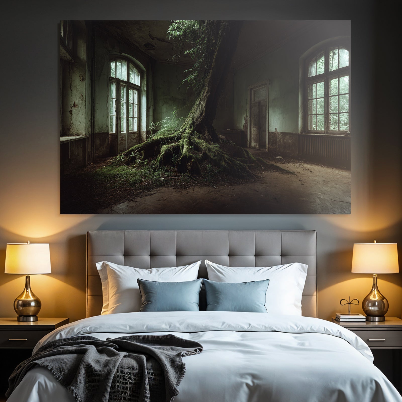 Abandoned Room With Tree Reclaiming Space Wettered Walls And Large Windows | Lost Places | Architektur