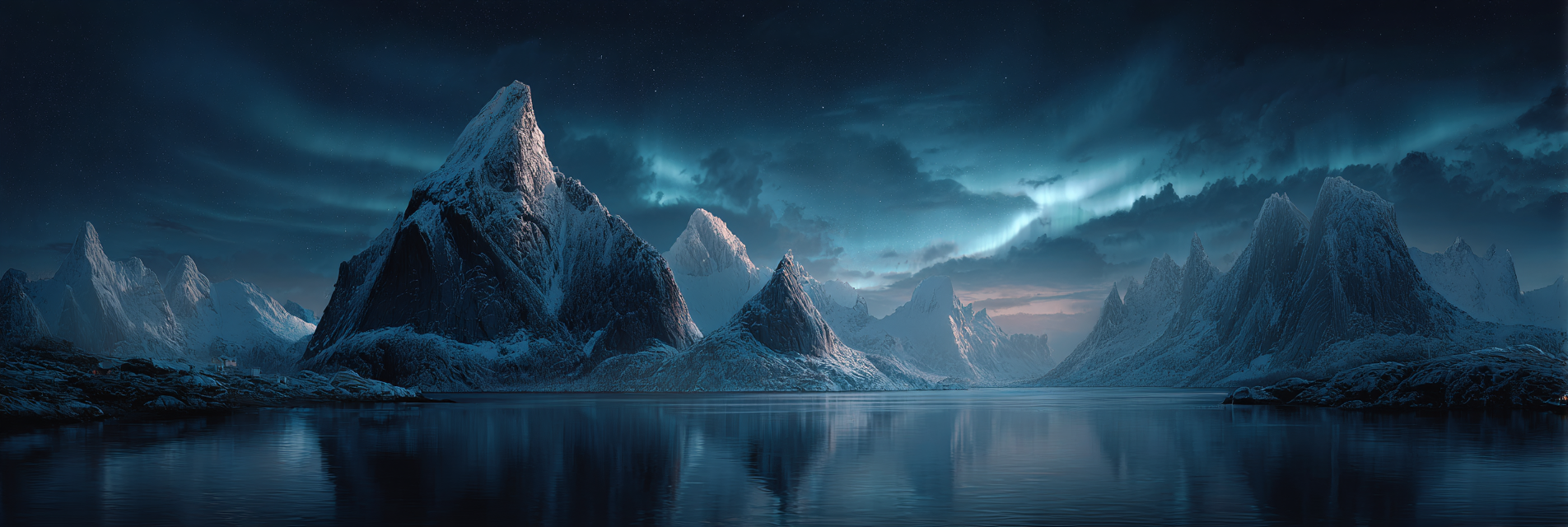 Polarlicht Dramatische Winterlandschaft Sternenhimmel Aurora Borealis Reflexionen | Fjorde und Gletscher | Landschaften