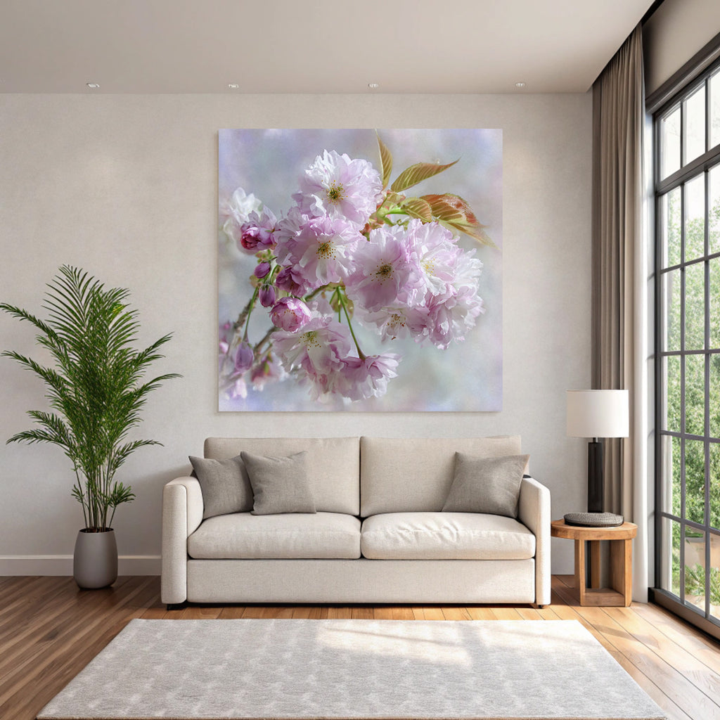 Zarte Rosa Kirschblüten Mit Knospen Vor Pastellhintergrund