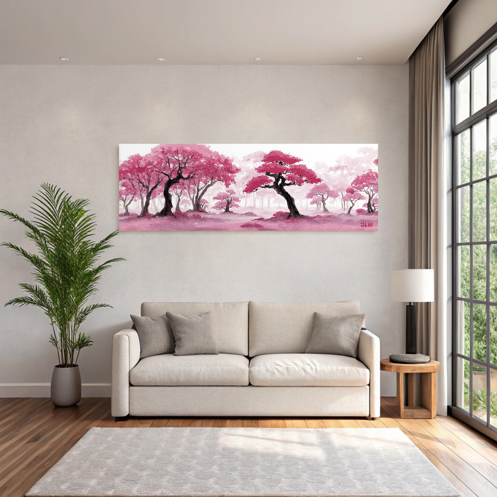 Traumhafte Waldlandschaft Mit Rosa Bäumen Und Wasserfarbeffekt