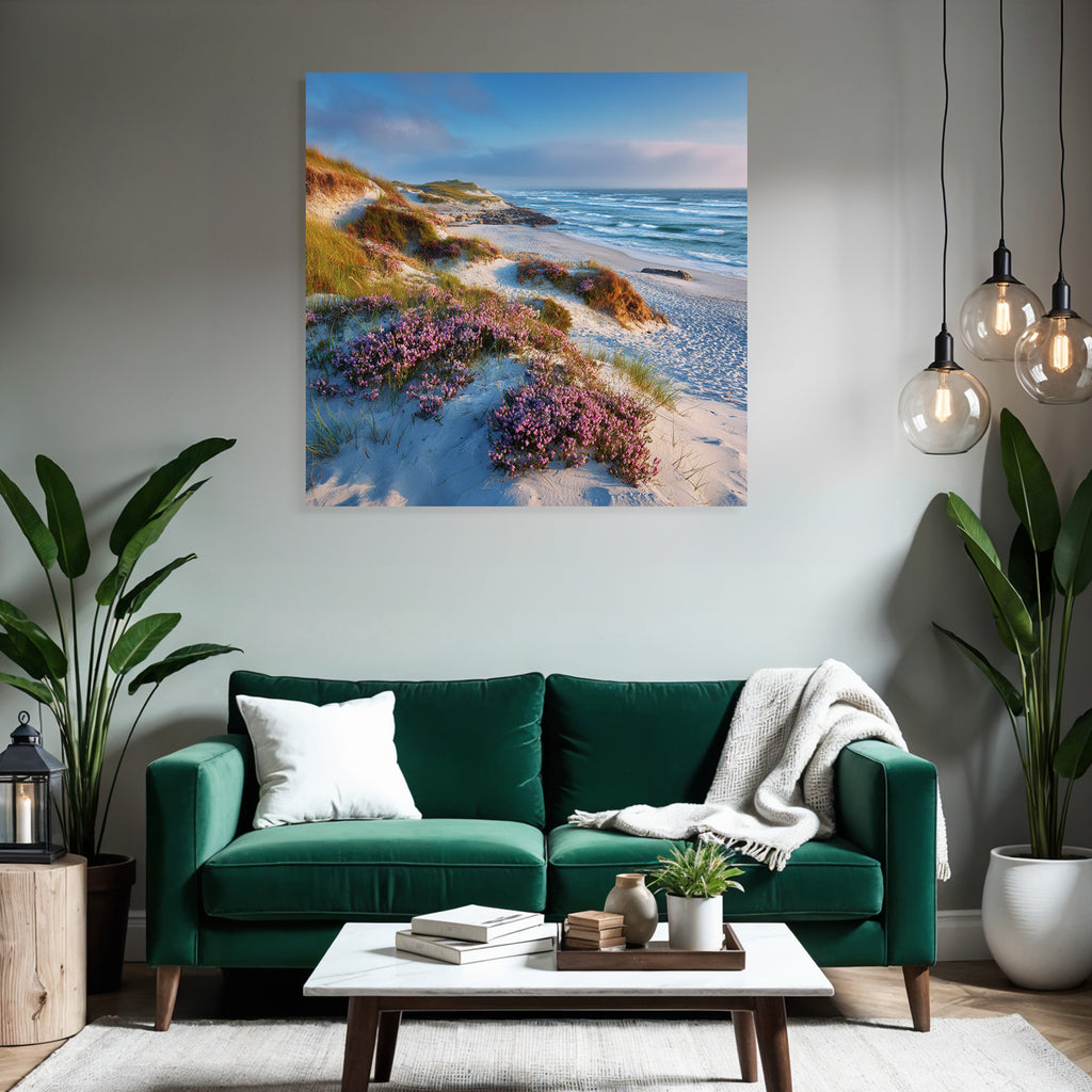 Ruhiger Strand Mit Blumen Und Meereswellen Dawn Dusk | Duenen und Heide | Landschaften