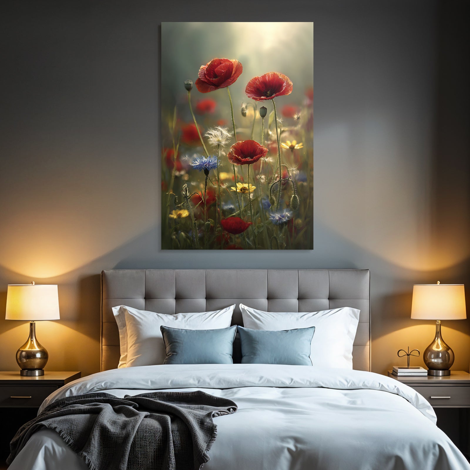 Leuchtendes Feld Mit Roten Mohn Und Blaün Gelben Blüten