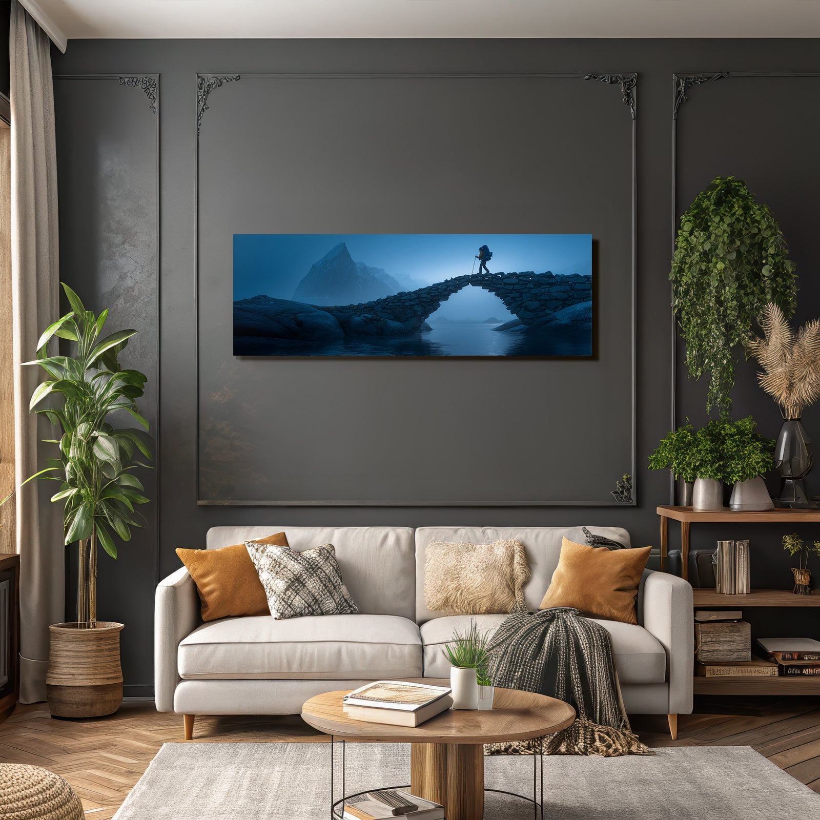 Polarlicht Mistige Landlandschaft Mit Steinbogenbrücke Und Wässer Hiker Im Nebel | Fjorde und Gletscher | Landschaften