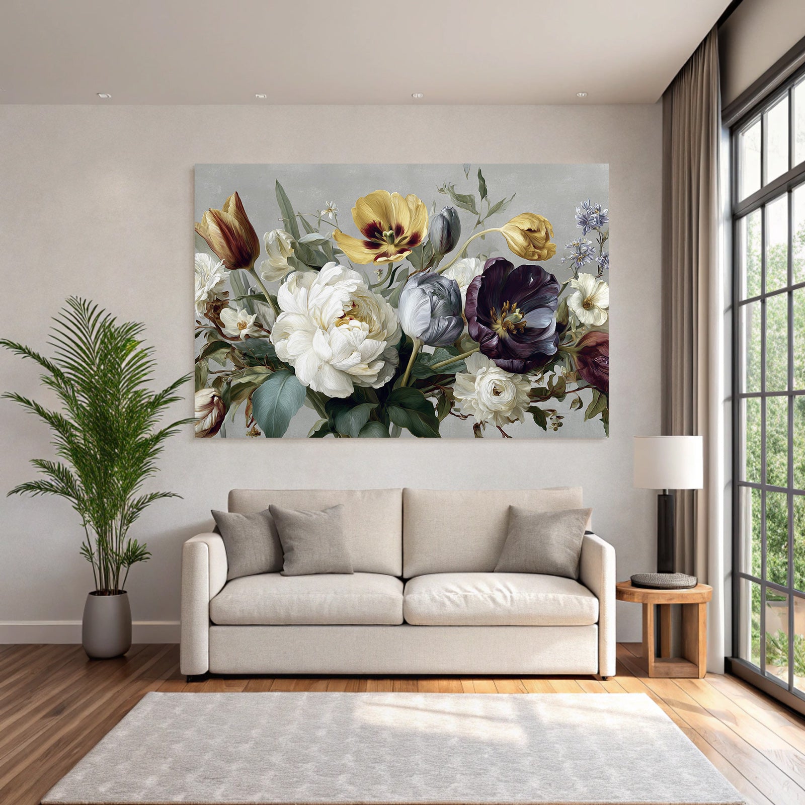 Schöne Komposition Mit Tulpen Und Pfingstrosen Vor Strukturiertem Hintergrund