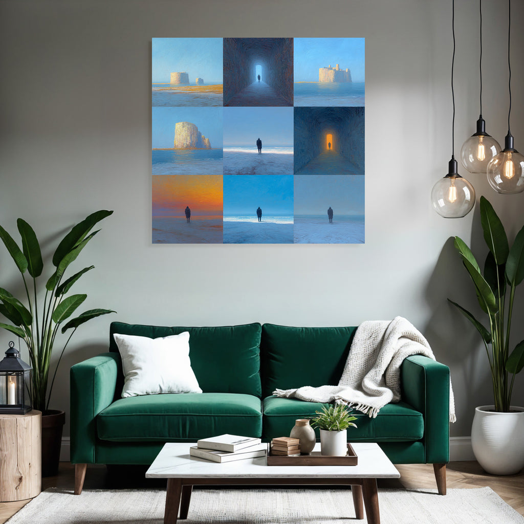 Yoga Meditation Einsame Figuren In Landlandschaften Collage Impressionistische Malerei | Yoga und Meditation | Themen und Hobbys