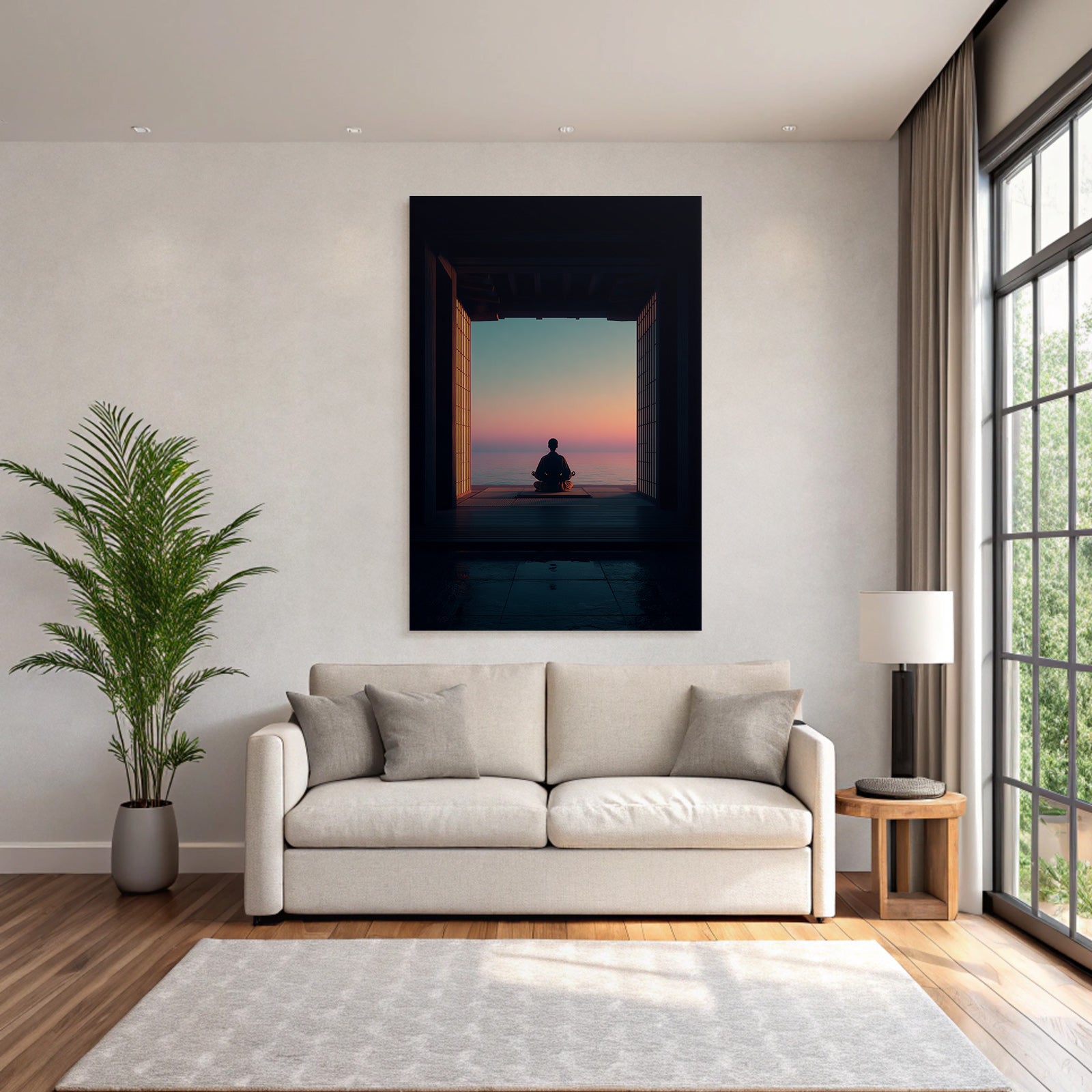 Yoga Meditation Ruhige Szene Person Meditiert See Horizont Sonnenuntergang Japanisches Design | Yoga und Meditation | Themen und Hobbys