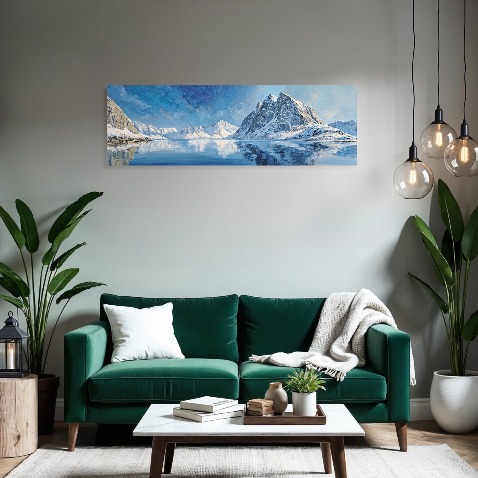 Polarlicht Schneebedeckte Berge Und Ruhiger Wasser Spiegel Winterlandschaft | Fjorde und Gletscher | Landschaften